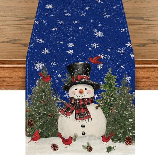 Artoid Mode Snowman Birds Trees Christmas Table Runner, Seasonal Blue Winter Holiday Kitchen Dining Table Decoration for Indoor Outdoor Home Party Decor 13 x 90 Inch