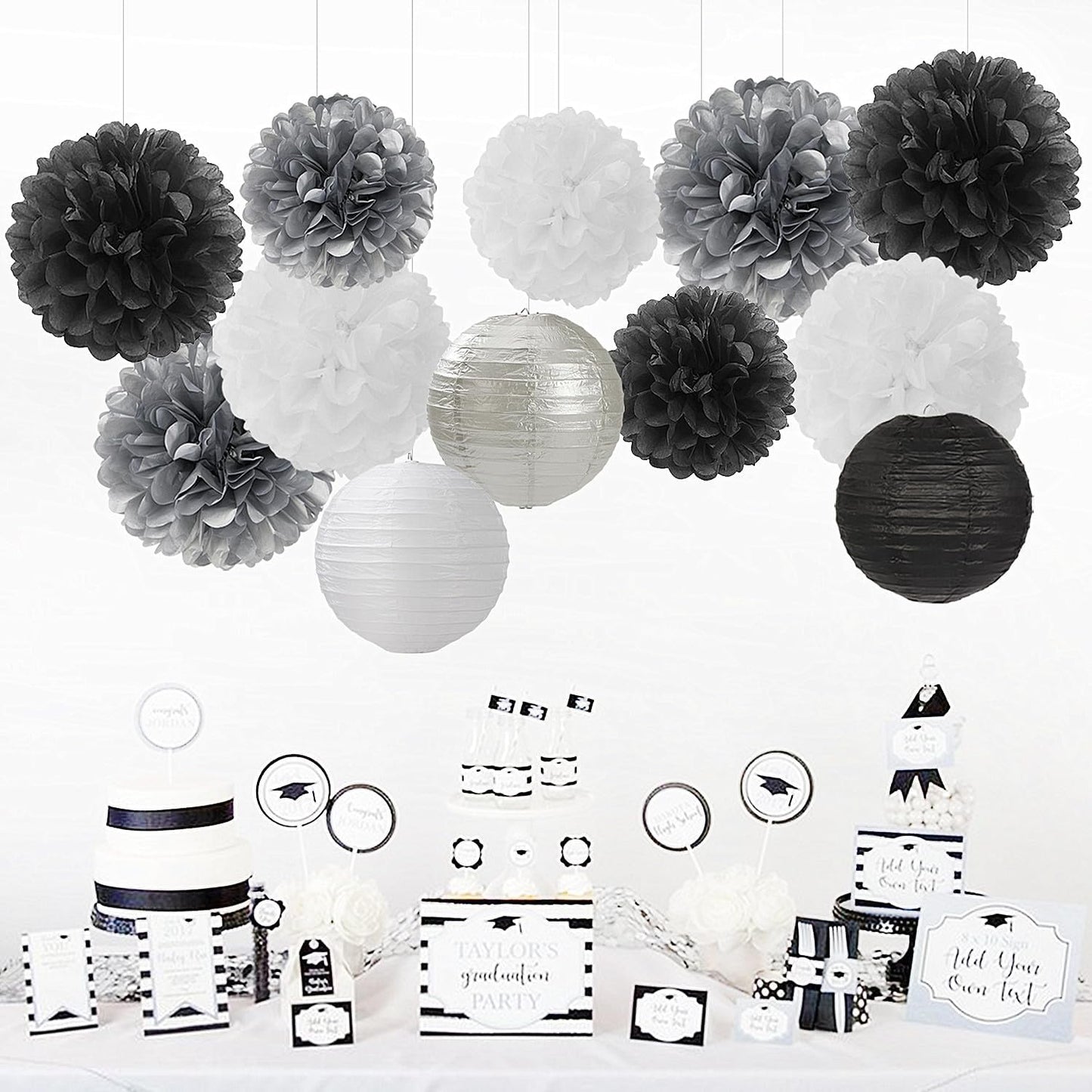 Black White Silver Party-Decorations Paper Flowers Lanterns - 15PCS Birthday Halloween Wedding Tissue Pom Poms Streamers, Halloween Prom Baby Shower Bachelorette Hanging Supplies Decor Hugfond