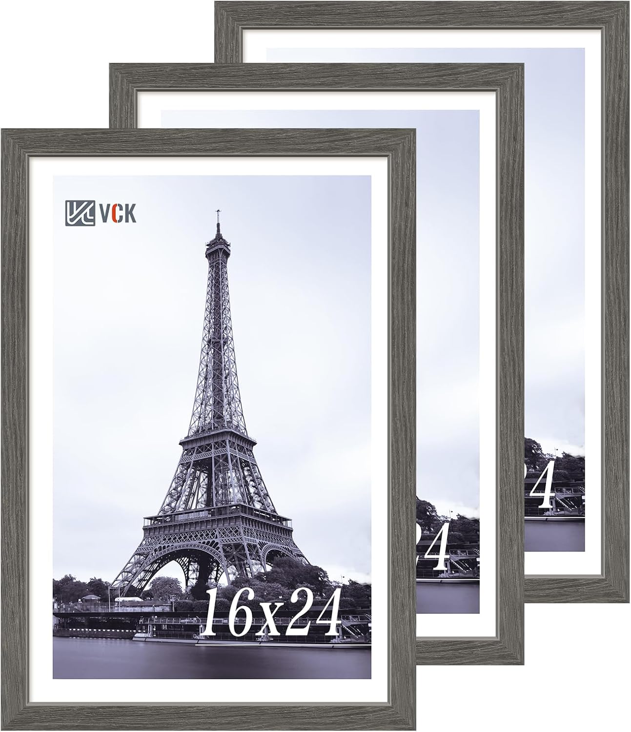 VCK 16x24 Frame Set of 3, Gray Solid Wood Poster Picture Frame, Exclusive Wood Grain, Wall Gallery Frame
