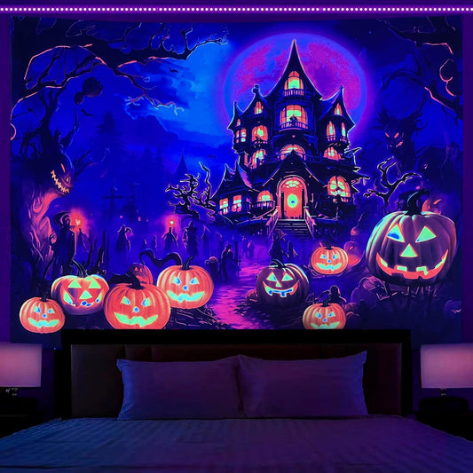 OSVINO Blacklight Halloween Castle Tapestry 79"x59" Pumpkins Ghosts Background Bedroom Aesthetic Hippie Room Decor Glow in The Dark Wall Poster for Halloween Easter