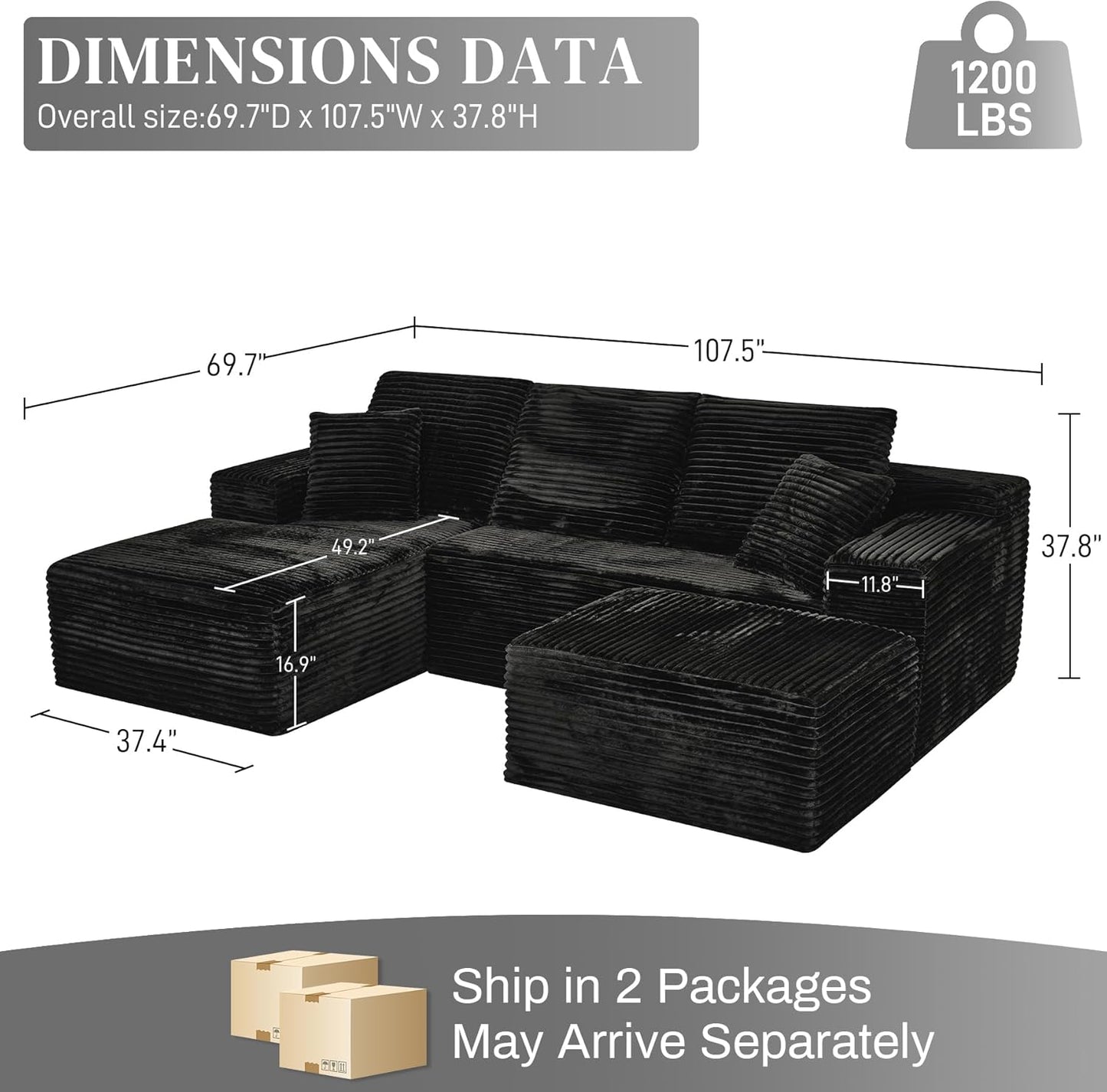 Modular Sectional Sofa Cloud Sectional Couch, 107" Comfy Fluffy U Shaped Black Couches for Living Room, Deep Seat Memory Foam Plush Corduroy Boneless Couch Sectionals with Left Facing Chaise Sofa