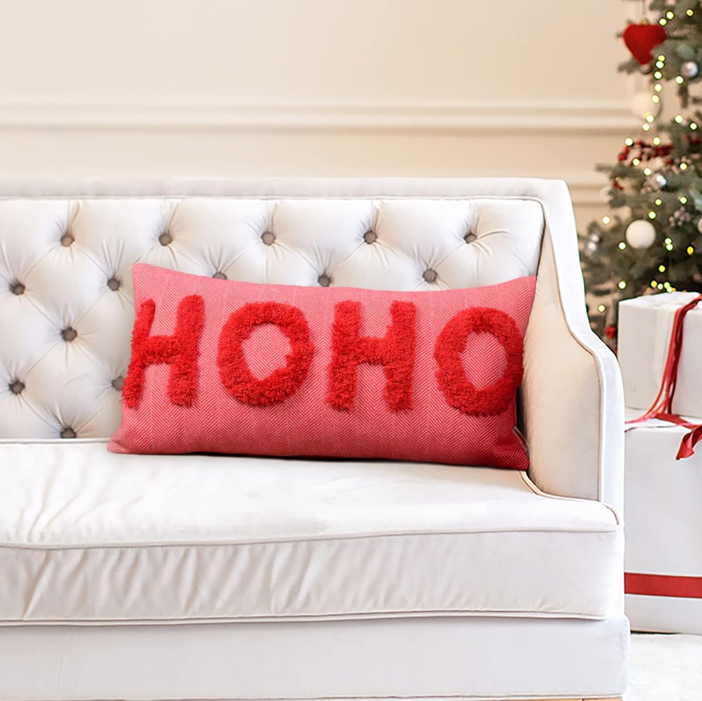 HOHOHO Red Christmas Pillow Covers Christmas Decorations Rectangle Lumbar Waist Throw Pillow Covers for Couch Sofa Bed Living Room 12X24 Inches
