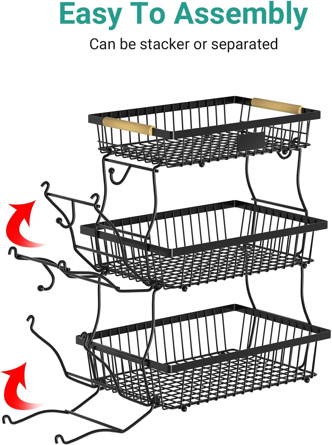 3 Tier Fruit Basket for Kitchen Counter with 2 Banana Hangers, Countertop Metal Fruit Bowl with Wooden Handle, Large Storage Stand for Vegetables, Snacks, Breads, Produce Storage – Black