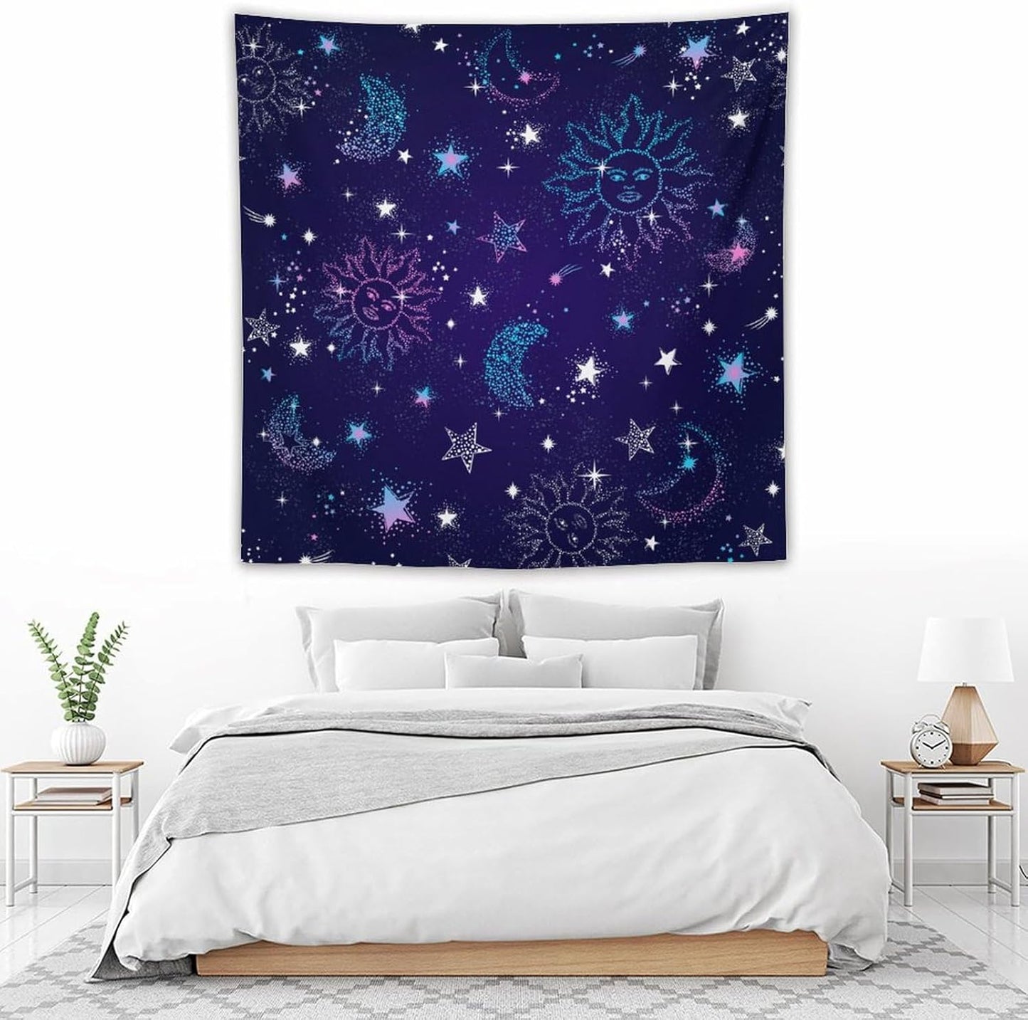 HZOHNAGO Boho Sun Moon Tapestry Purple Blue Sun Stars Galaxy Pattern Printed Wall Tapestry Wall Hanging for Bedroom Living Room Dorm 60" W x 60" H