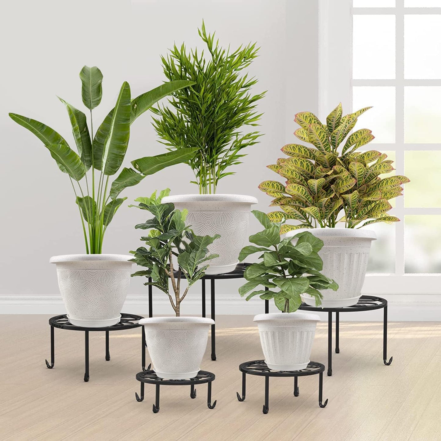 Plastic Flower Pots Planters for Indoor Plants, 4 Pack 12 Inch White Plant Pots with Drainage Hole & Tray, Modern Decorative Large Plant Pot with Saucer for Indoor Outdoor Plants Garden House Planter