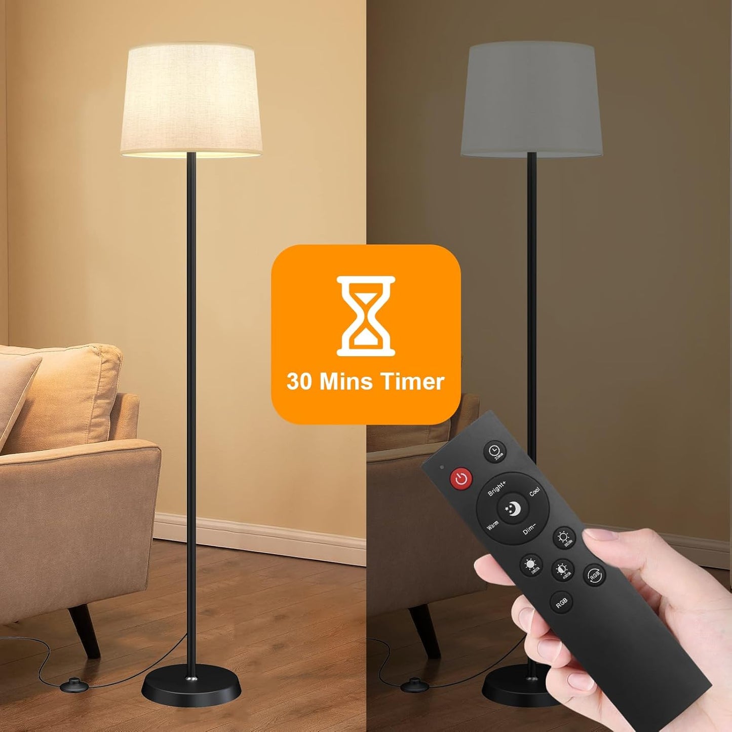 Floor Lamp for Living Room Bedroom,Modern Floor Lamp with Remote, Simple Design with Beige Shade,Foot Pedal Switch,Dimmable Colors Temperature,9W RGB LED Bulb
