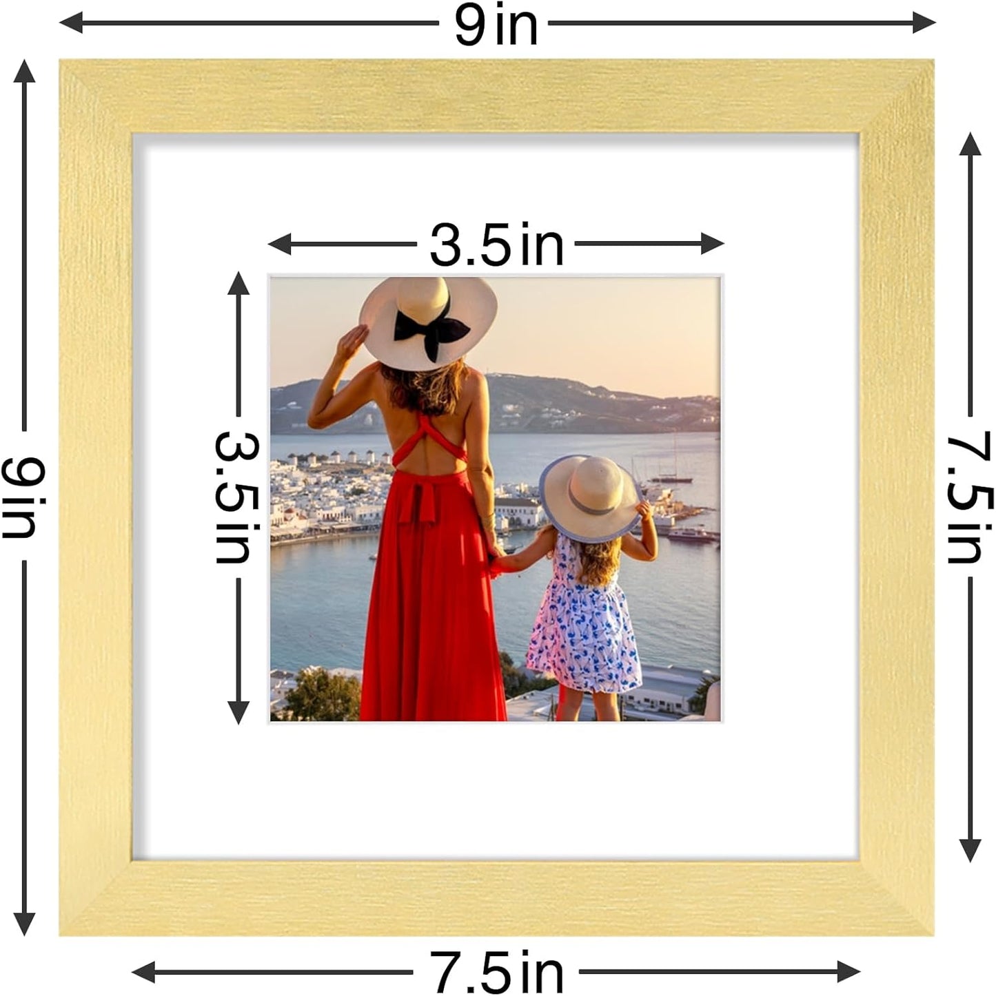 Vittanly 8x8 Picture Frames Set of 9, Shatter Resistant Plexiglass, Display 4x4 Pictures with Mat or 8x8 without Mat, Photo Frames for Wall Mount, Engineered Wood, Gold