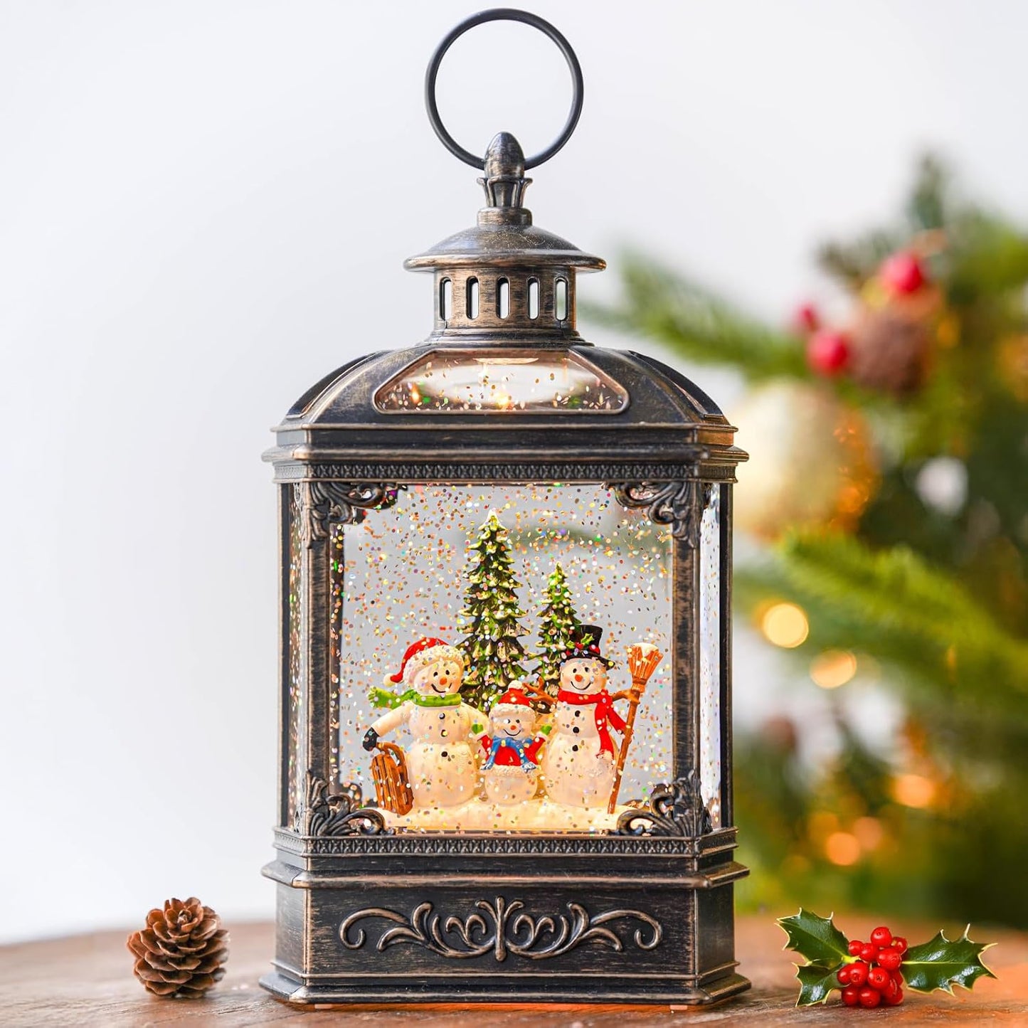 Christmas Snow Globe Lantern Water Glittering Snowman Family with Music & Timer, USB Lined/Battery Operated Lighted Lantern for Christmas Festival Decoration Gifts