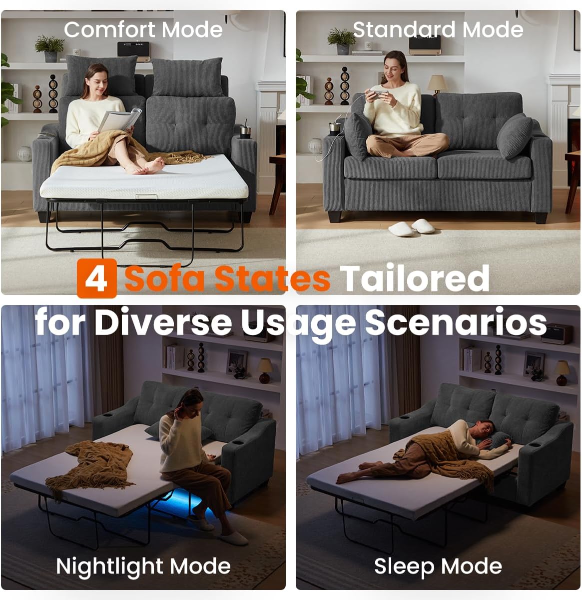 Pull Out Sofa Bed, Full Size Sleeper Sofa, 2-in-1 Convertible Corduroy Couch with USB Charging, Memory Form Couch for Living Room, Apartment and Small Space (Dark Grey, Corduroy - Full Size)