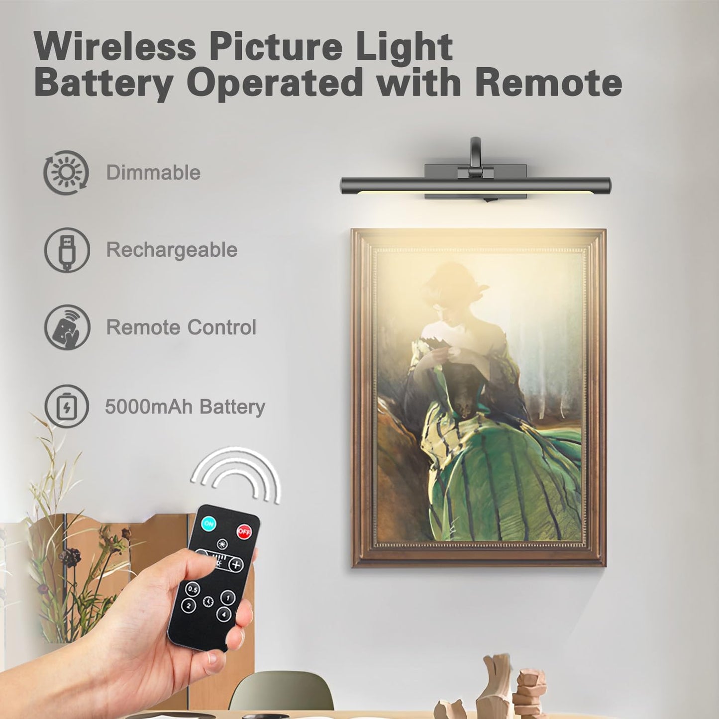 Battery Operated Picture Lights for Wall, Wireless Painting Lights Dimmable Artwork Lighting with Remote and Timer, Rechargeable Art Lights for Paintings-Brushed Grey 16'' inch Warm White