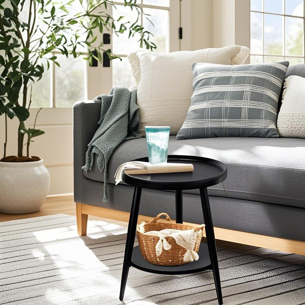 Small Round Side Table, 2-Tier Mid Century Modern Side Table, Round End Table Small Side Table for Living Room, Metal Frames, Black