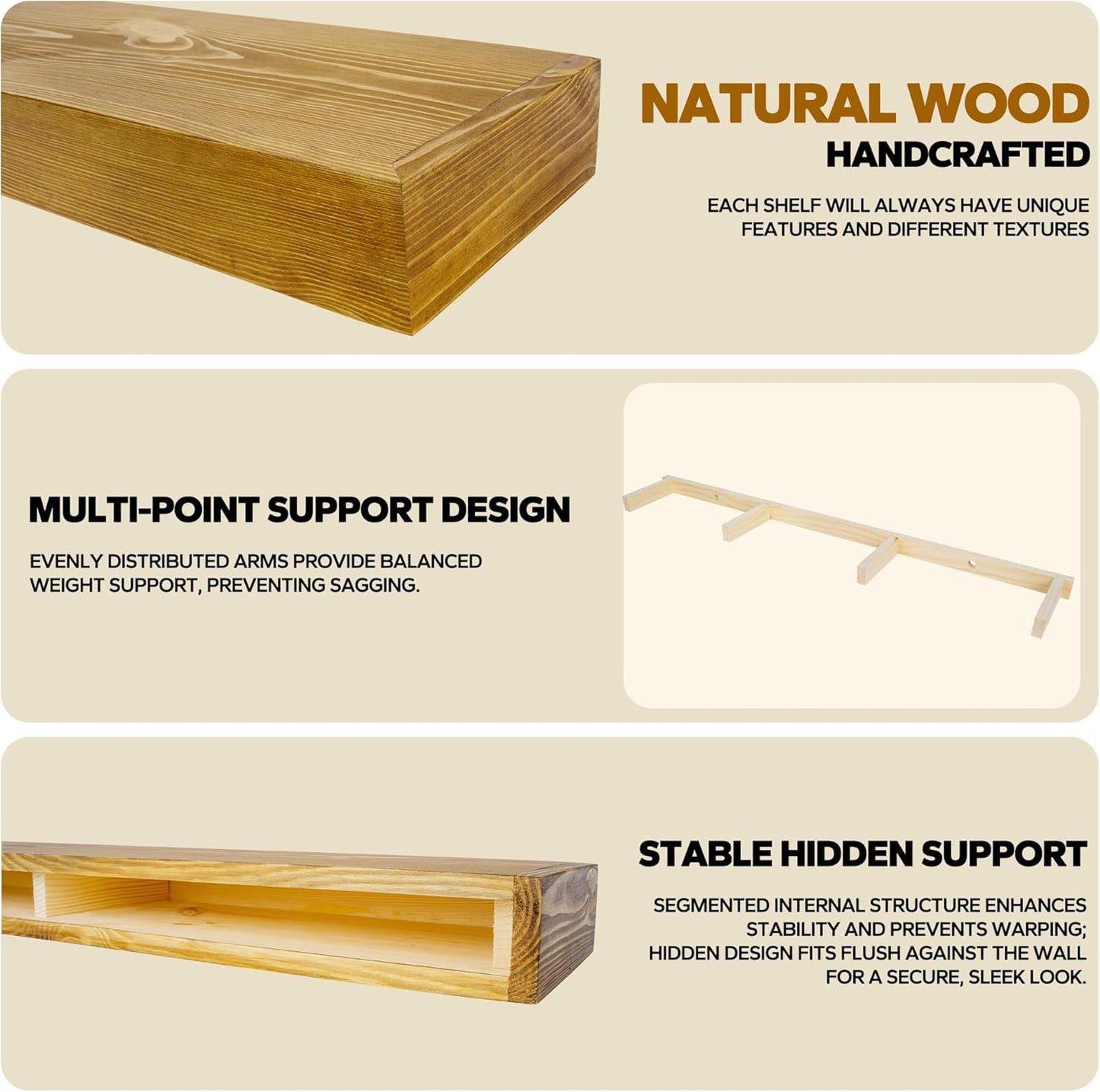 Floating Shelves 3 inch Thick for Wall Set of 2,Solid Pine Wood Wall Mount Shelf for Kitchen Living Room Bedroom Bathroom,8" D x 48" L x 3" H-Gold Oak