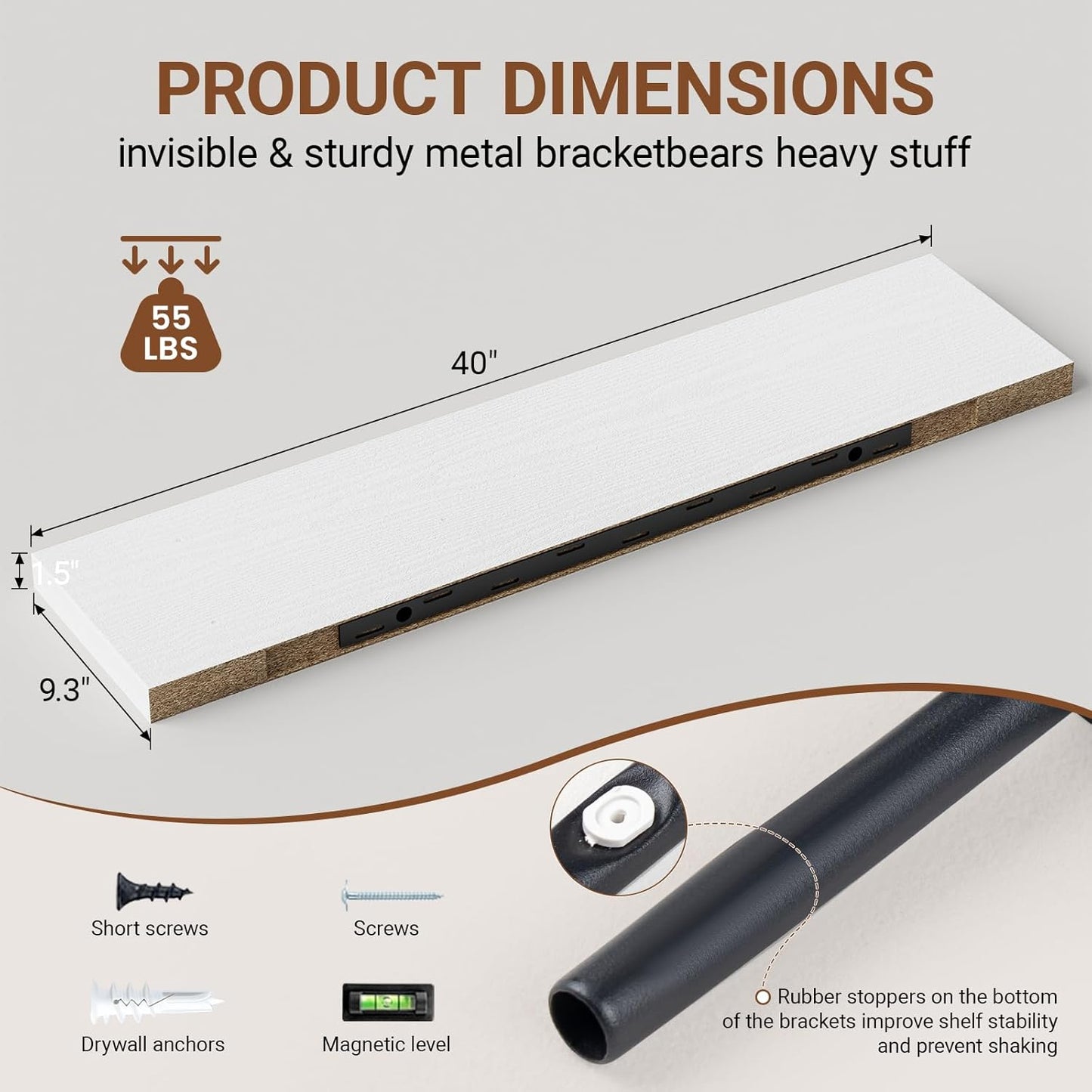 40 Inches Floating Shelves for Wall,9.3" Deep White Long Floating Shelves Set of 2,Large Display & Storage Shelf,Wall Shelf for Bathroom Bedroom Living Room Kitchen Office