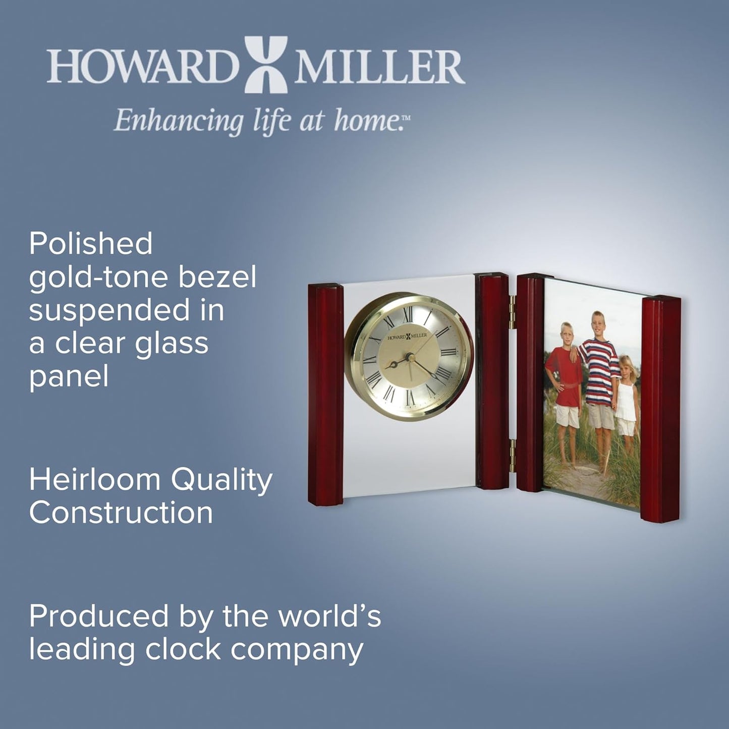 Howard Miller Alex Tabletop Clock, Wood Finish Side Columns Golden Analog Display | Battery Powered Quartz Alarm Movement Crystal Clock, Perfect for Office Room and Home Decor