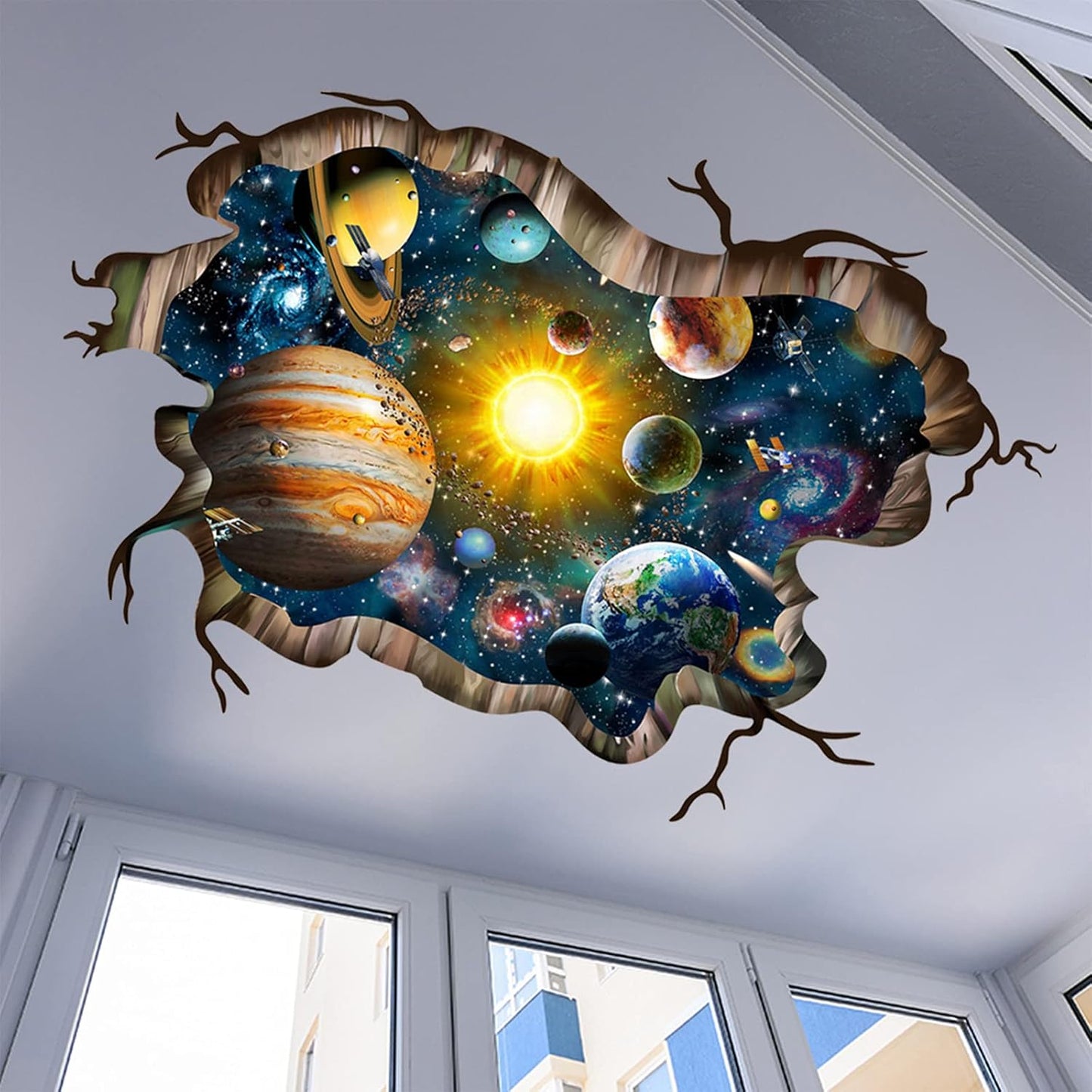 3D Broken Cosmic Galaxy Wall Decals, Magic Milky Way Outer Space Planet Wall Stickers, Creative Stars and Solar System Wallpaper for Kids Boys Floor Ceiling Living Room Bedroom Home Decor