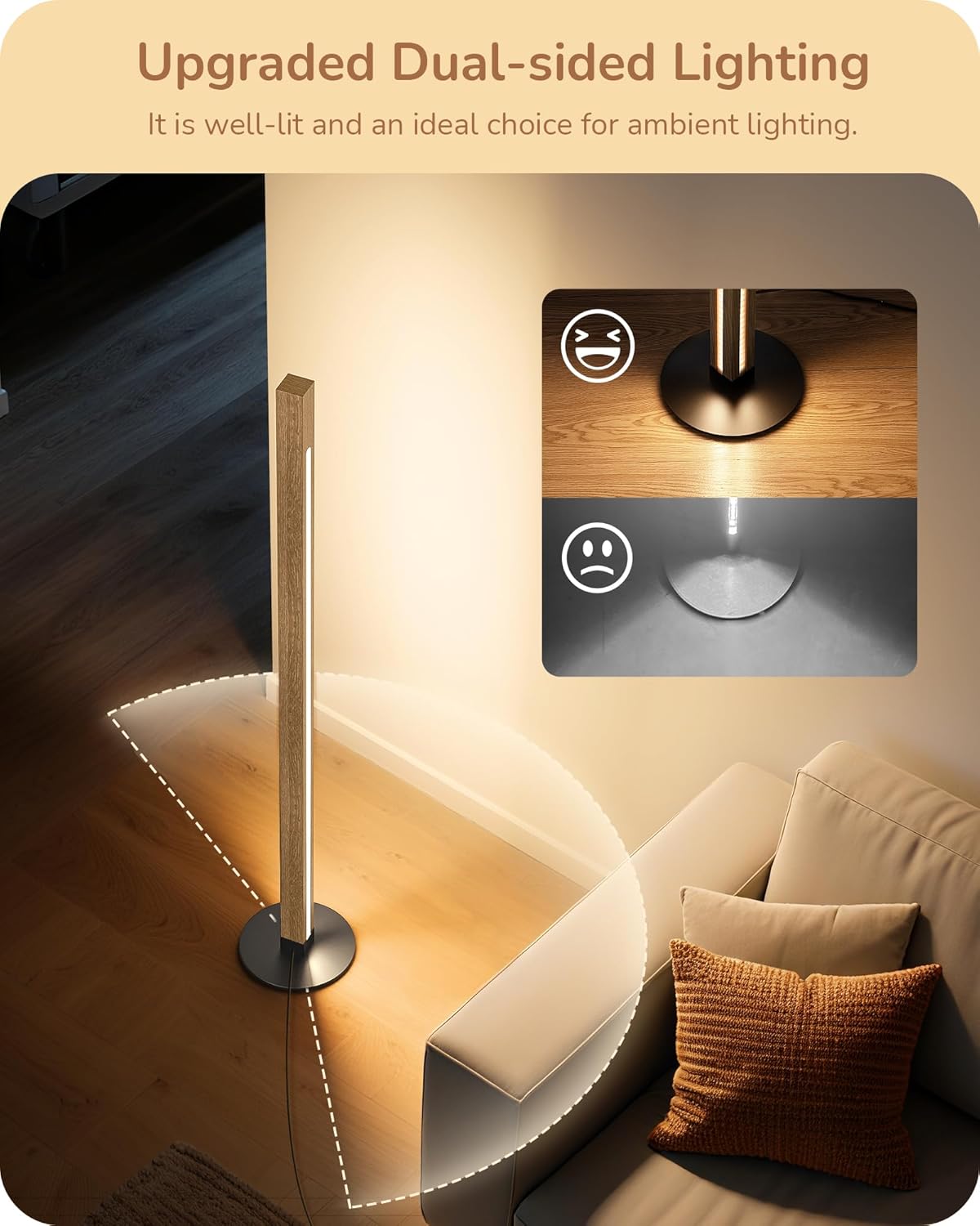 EDISHINE Corner Floor Lamp, Upgraded Dual-Sided Lighting, Wooden Floor Lamps for Living Room, Standing Lamp with Remote/Foot Control, 7CCT & Dimmable Floor Lamp for Bedroom, Office, Natural Wood