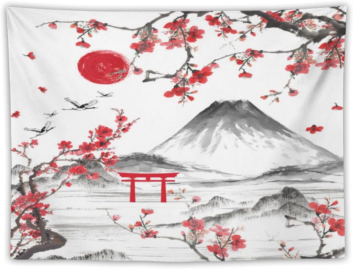 Red Cherry Blossoms Tapestry, Japanese Fuji Mountain Tapestry, Asian Japanese Wall Tapestry, Nature Landscape Tapestries for Bedroom Living Room Decor 60"x50"
