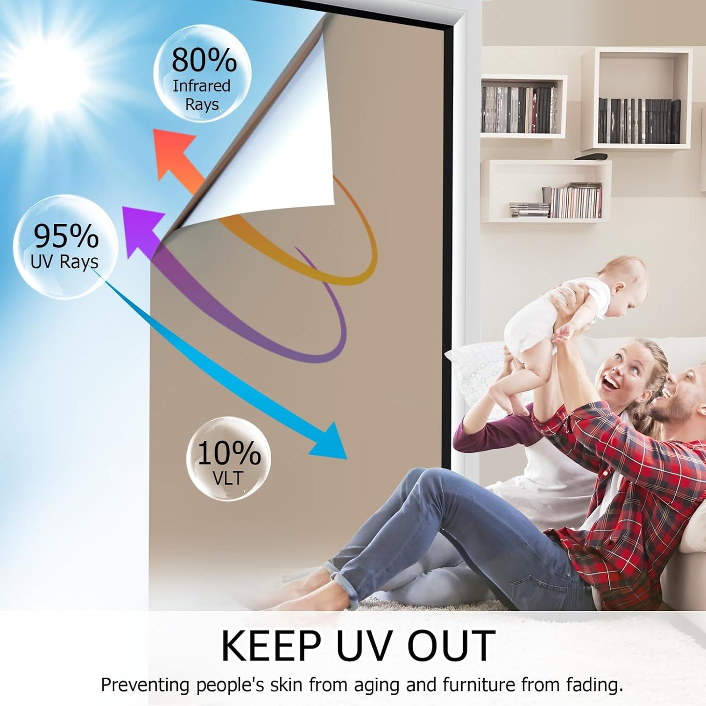 HIDBEA One Way Mirror Window Film, Daytime Privacy Sun Blocking Reflective Window Film Static Cling Heat Control Window Tinting Film for Home and Office, Brown Silver, 35.4 x 393.7 Inch