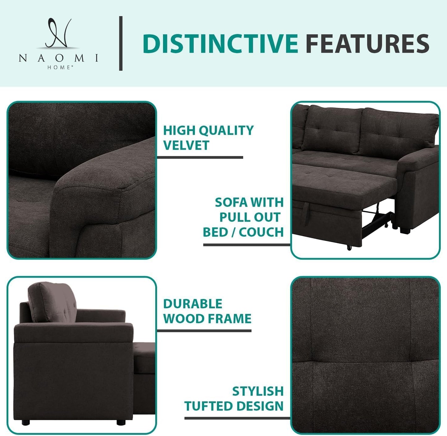 Naomi Home L-Shaped Reversible Sectional Sofa with Pull-Out Sleeper Bed and Storage Chaise, Espresso Velvet