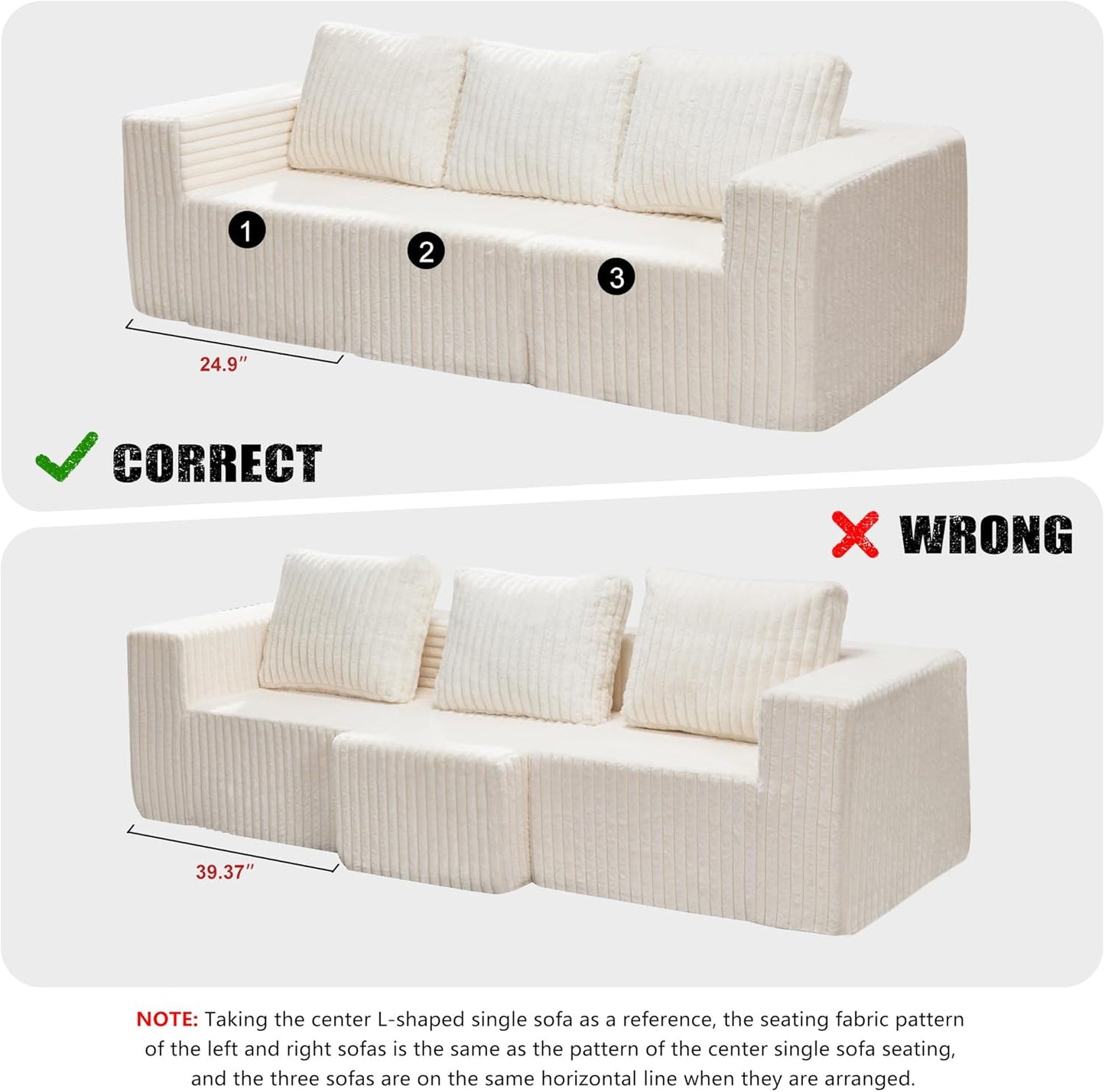 Modular Sectional Sofa 3-Seater Modular Couch with Deep Seat Memory Foam Cloud Chair with Pillows Oversized Sectional Sofa for Living Room Bedroom (Strip White, 3-Seater)