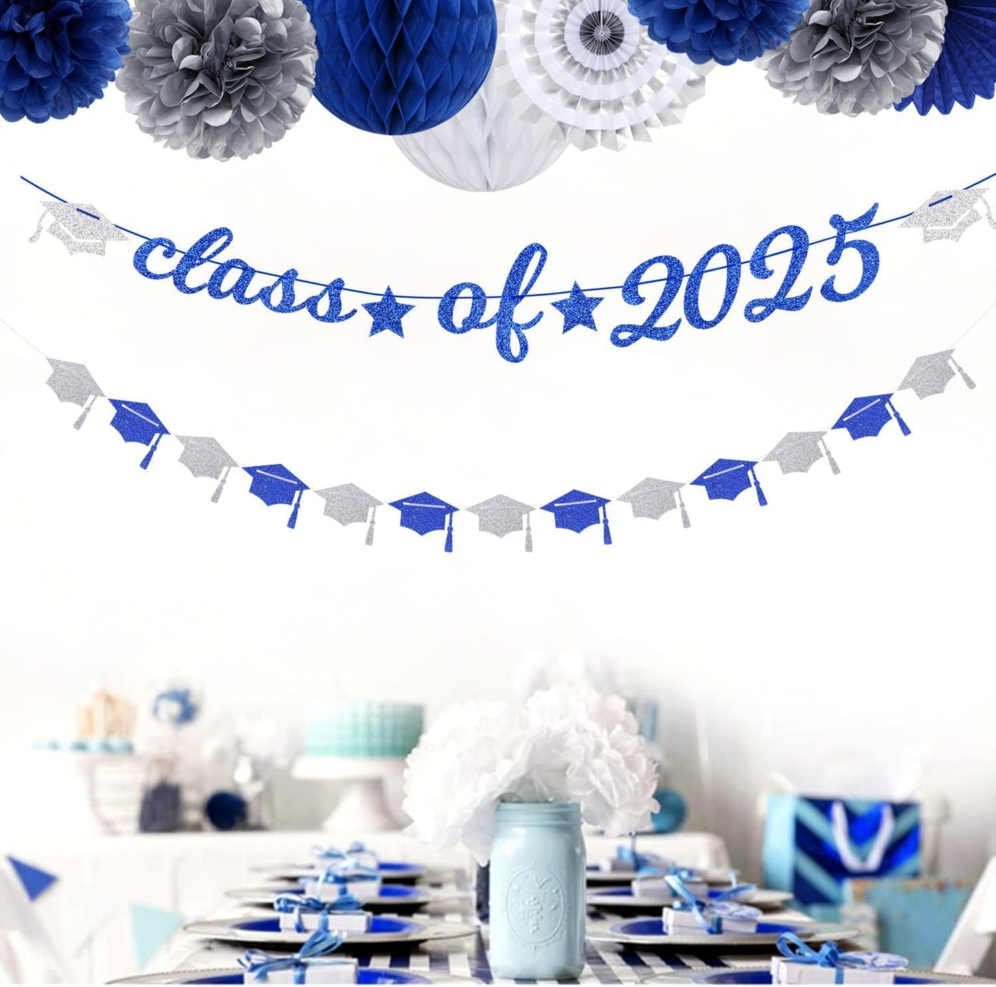 Navy-Blue White-Silver Party-Decoration Graduation Banner - 14pcs Kits Cap Garland Streamers, Royal Paper Tissue Pom Poms Flowers Fans Honeycomb,Class Of 2025 College High School Grad Decor Hugfond
