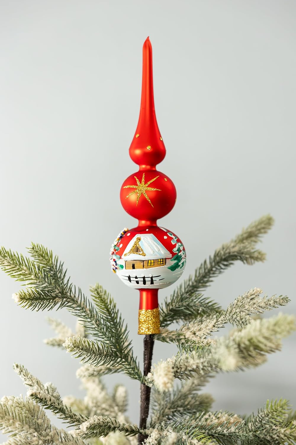 Christmas Tree Topper Spitz Glass Mouth Blown Hand-Decorated Embellishments (Red Matt, 12 inch)