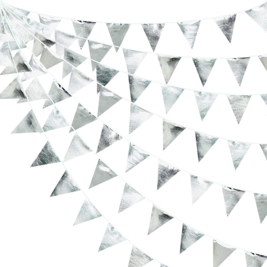 Silver Party Decorations Metallic Fabric Triangle Pennant Banner Silver Flag Bunting Garland for Graduation Birthday Wedding Bridal Shower Anniversary Engagement Bachelorette Party Decoration Supplies