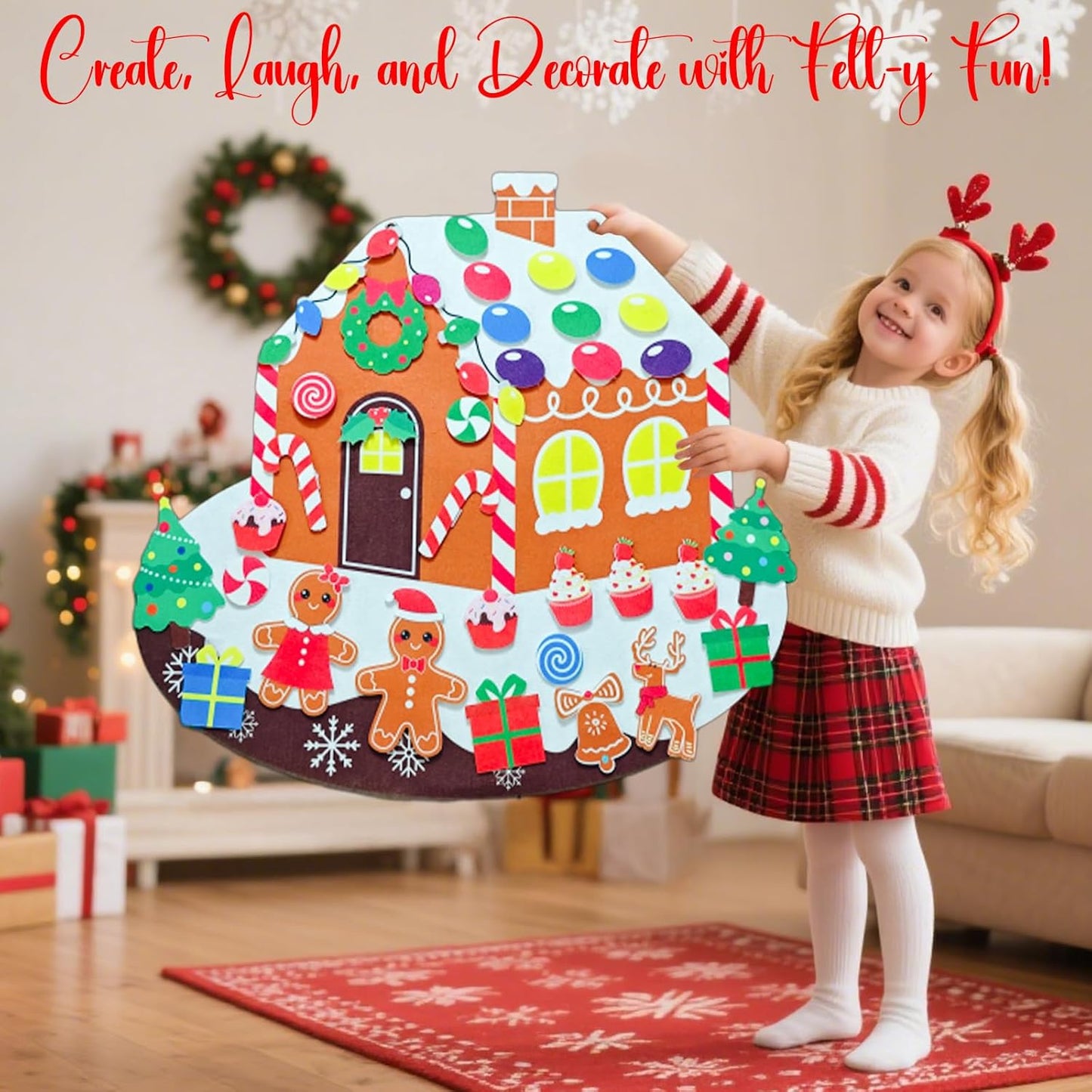 Felt Gingerbread House with Detachable Felt Christmas Ornaments, Festive Gingerbread Man Woman Story Board for Wall, DIY Montessori Activities for Little One Craft Kit Xmas Decor Party Favor