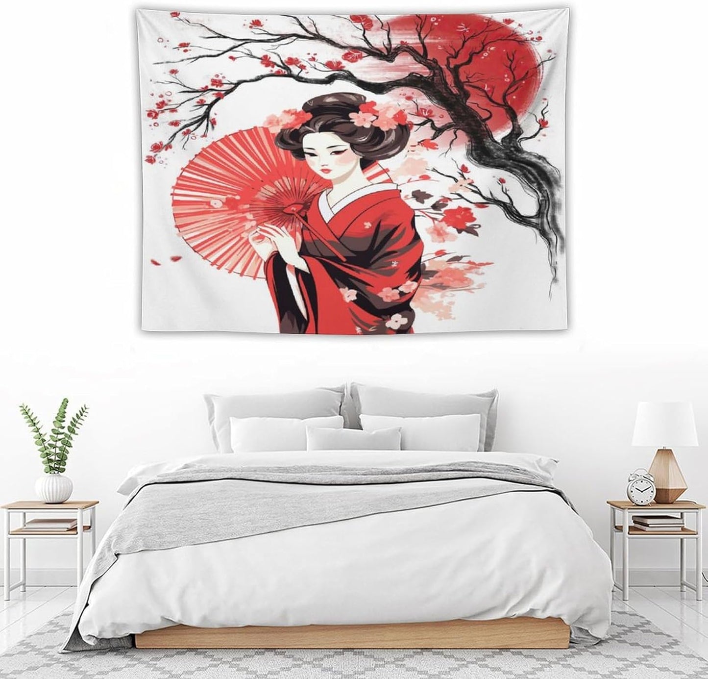 Japanese Red Geisha Tapestry Asian Cherry Blossom Traditional Kimono Folk Tapestries Home Decor for Living Room Bedroom Apartment Farmhouse Dorm 40"x30"