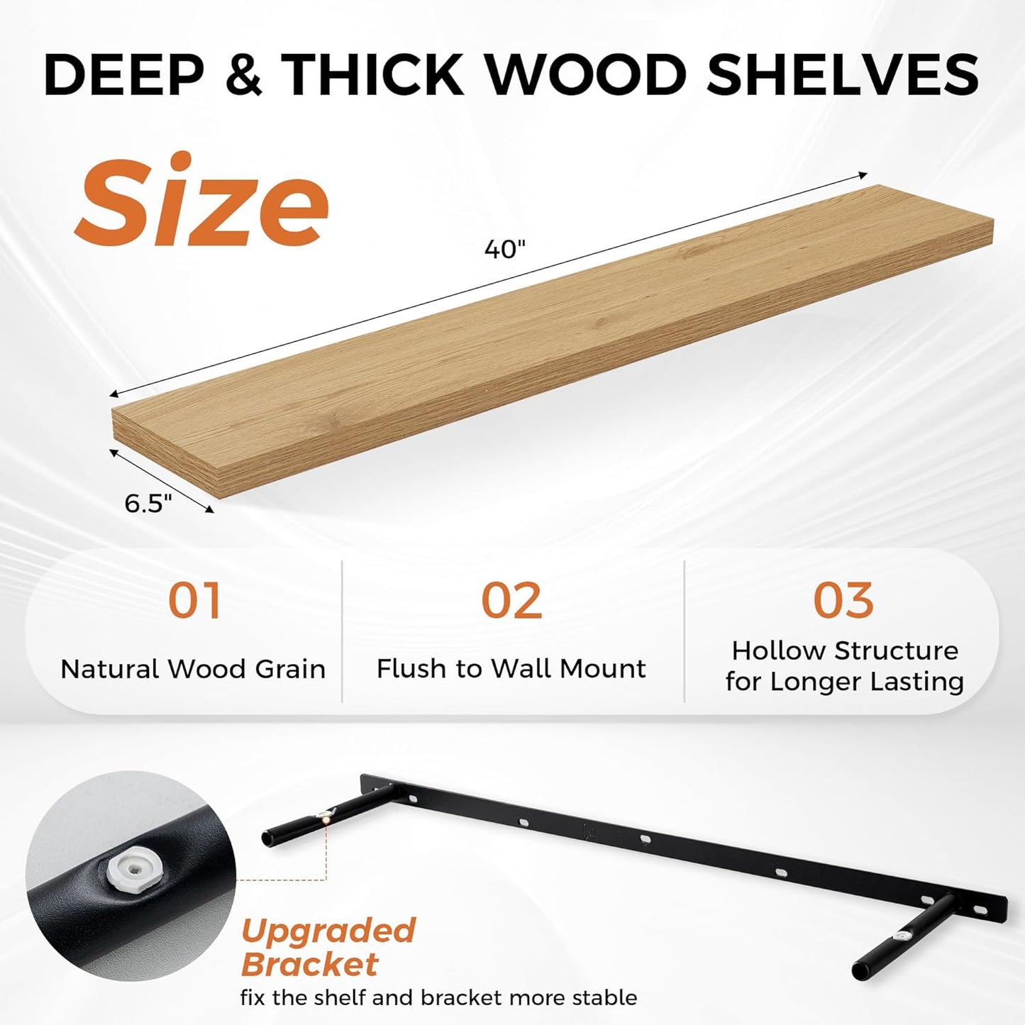 Fun Memories Floating Shelves for Wall, 40" Rustic Wood Deep Wall Mounted Shelves with Invisible Brackets for Decor & Storage, Floating Shelf for Living Room, Bathroom (Oak, Set of 2)