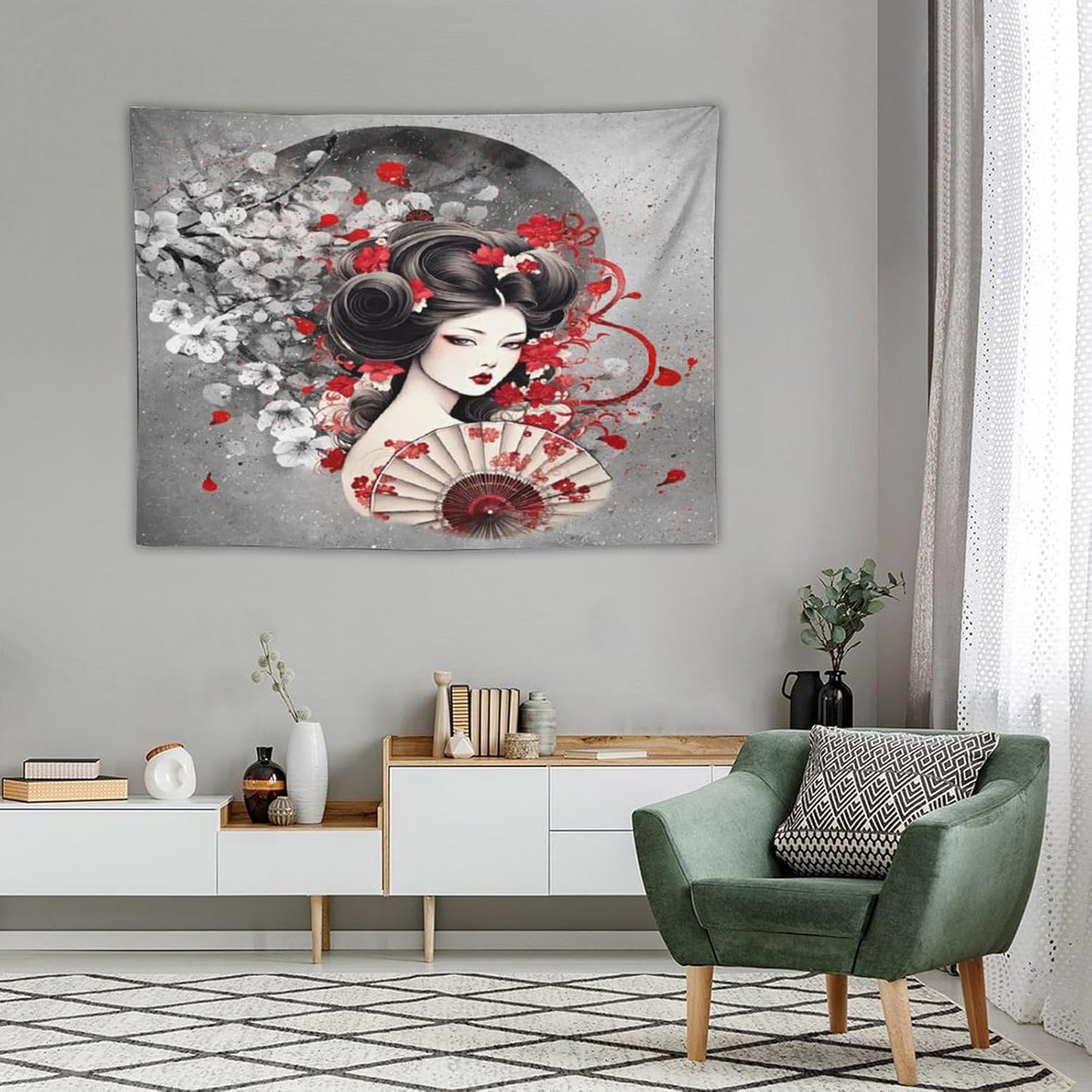 Japanese Geisha Tapestry Asian Red Cherry Blossom Red Sun Traditional Kimono Folk Tapestries Home Decor for Living Room Bedroom Apartment Farmhouse Dorm 40"x30"