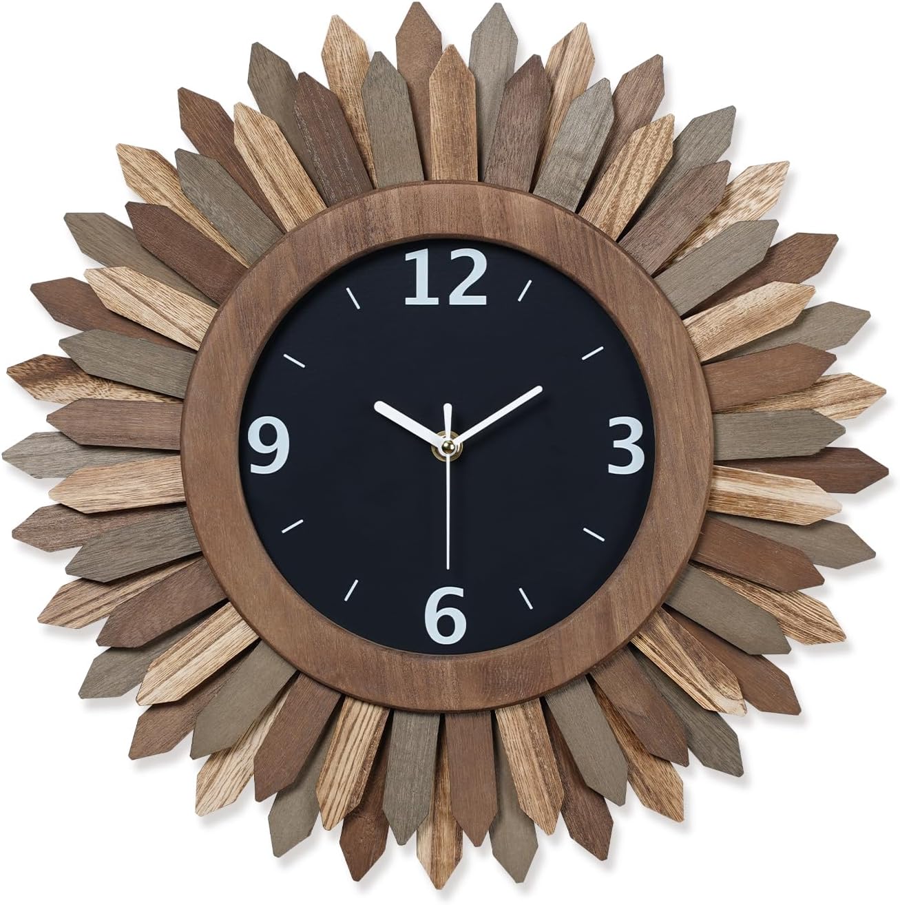 Honiway 16 Inch Wall Clocks, Rustic Wood Boho Sunburst Decorative Wall Clock Battery Operated Silent Non Ticking Farmhouse Large Wall Clocks for Living Room Kitchen Bedroom Home Decor (Tricolor)