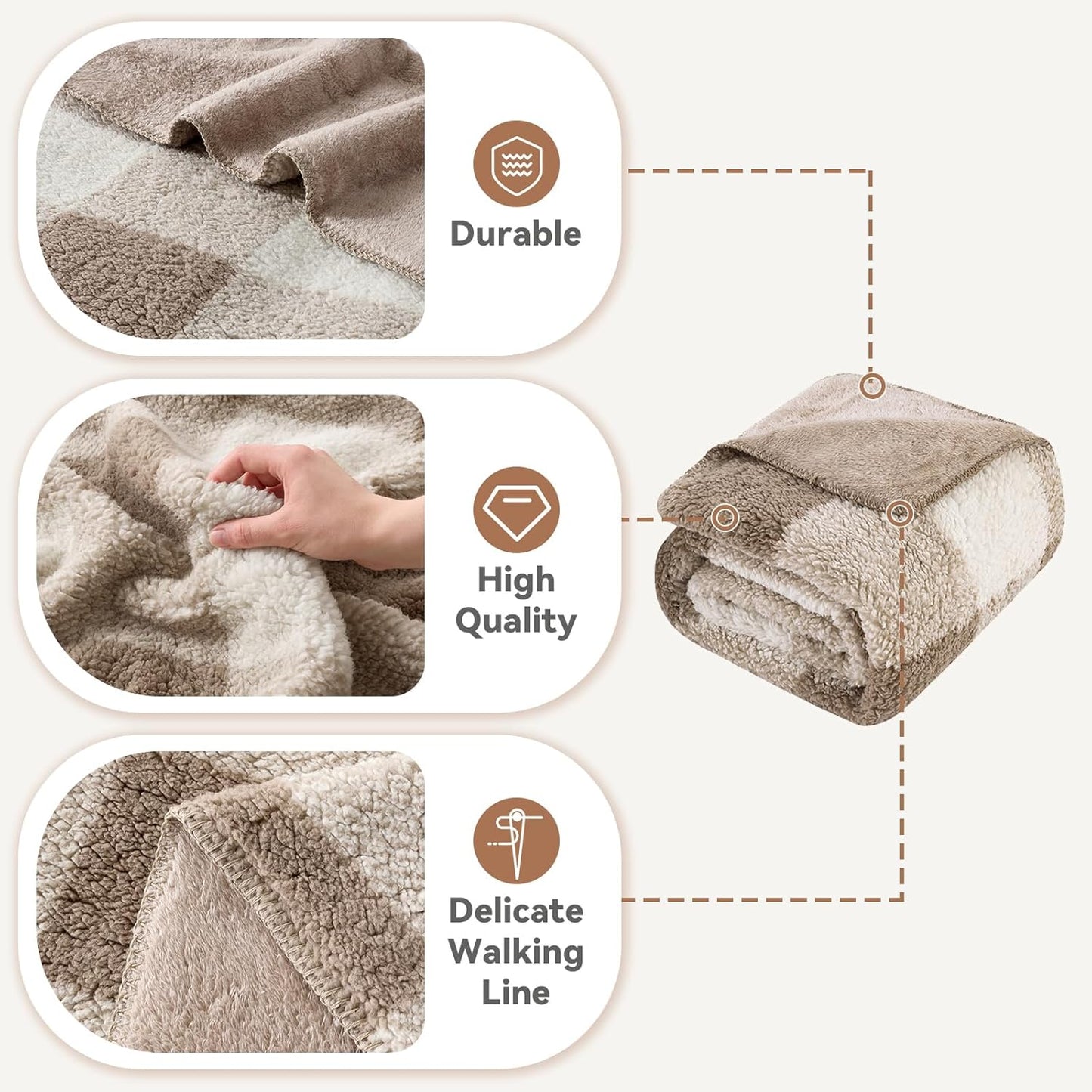 LURKA Checkered Sherpa Fleece Throw Blanket - Extra Thick and Warm Winter Soft Fuzzy Plush Blanket for Couches, Beds & Pets, Khaki, 50x60 Inches