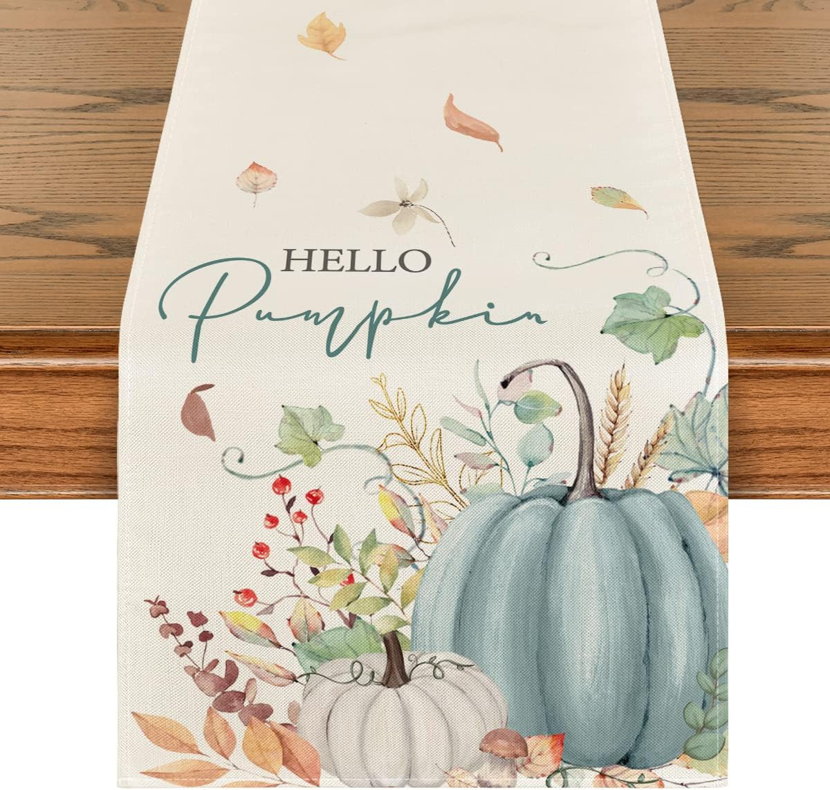 Artoid Mode Aqua Hello Pumpkin Leaves Fall Table Runner, Seasonal Autumn Kitchen Dining Table Decoration for Home Party Decor 13x72 Inch