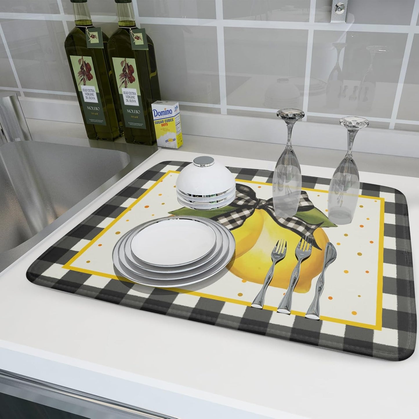 Lemon Dish Drying Mat for Kitchen Counter Spring Summer Black White buffalo Check Plaid Seasonal Absorbent Reversible Microfiber Kitchen Countertop Protector Dishes Pad Large 18x24 inch