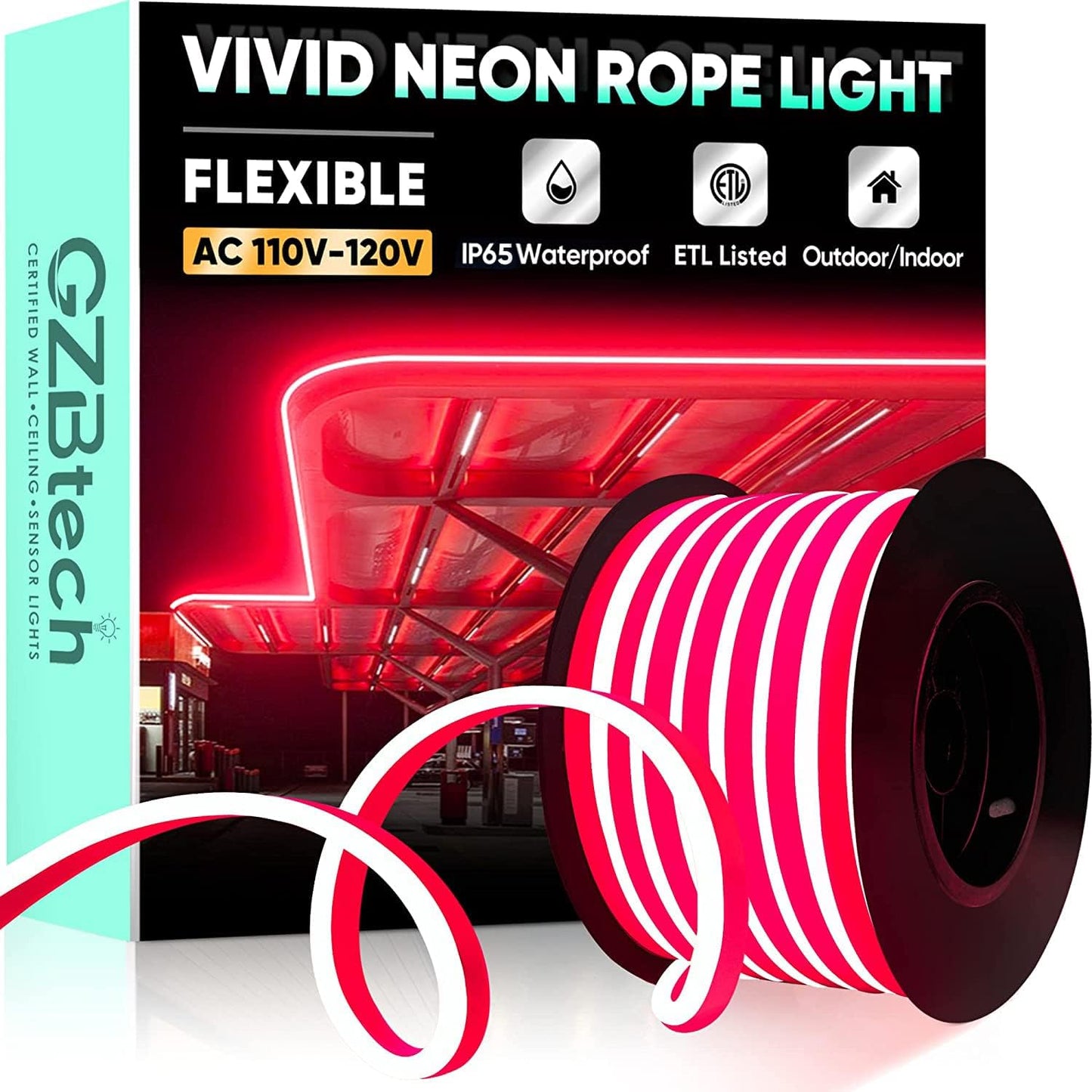 GZBtech Flexible LED Neon Rope Lights 50FT,AC 110-120V Waterproof Strip Light, 120 LEDs/M Cuttable Connectable Neon Lighting for Indoor Outdoor Home Decor/Commercial Building Use-Red 15M