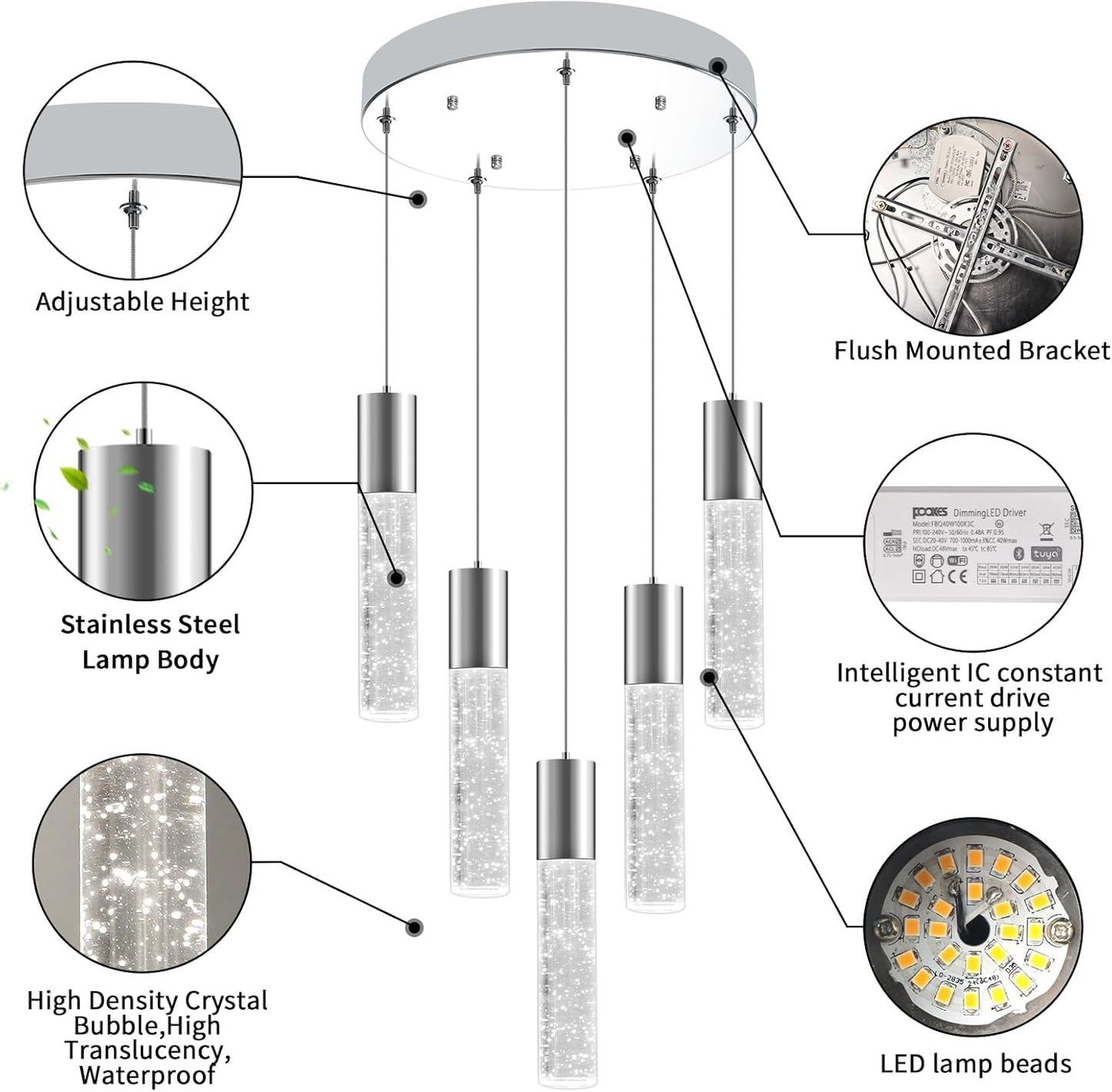 OKELI Smart Dimmable LED 5-Light Pendant Light for Kitchen Island, 18W 1350LM Modern Bubble Crystal Island Light Fixture with TUYA App & Voice Control, Adjustable 3000K-6000K, Electro-Chrome