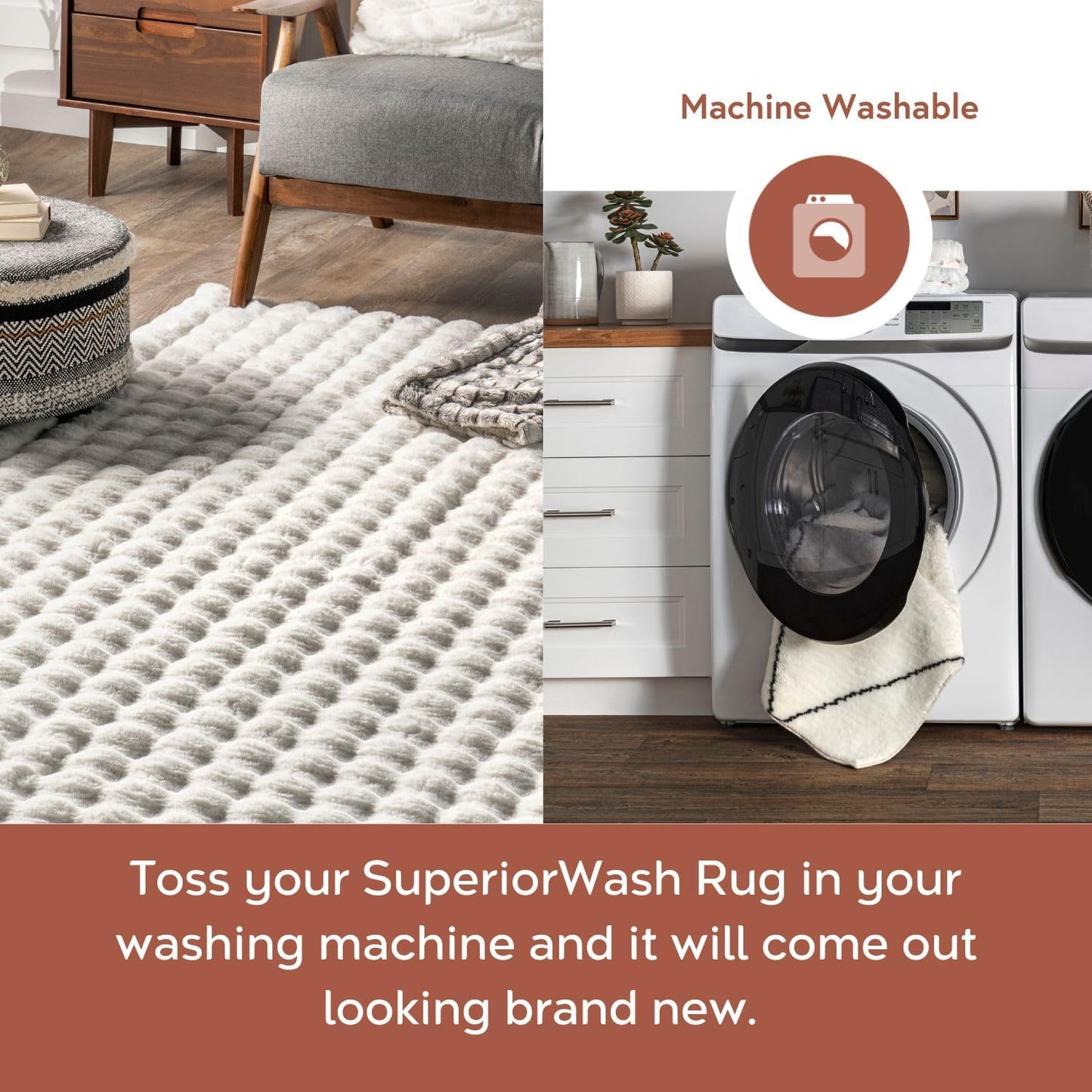 nuLOOM Jeni Solid Faux Rabbit Machine Washable Area Rug, 6x9, Off-White