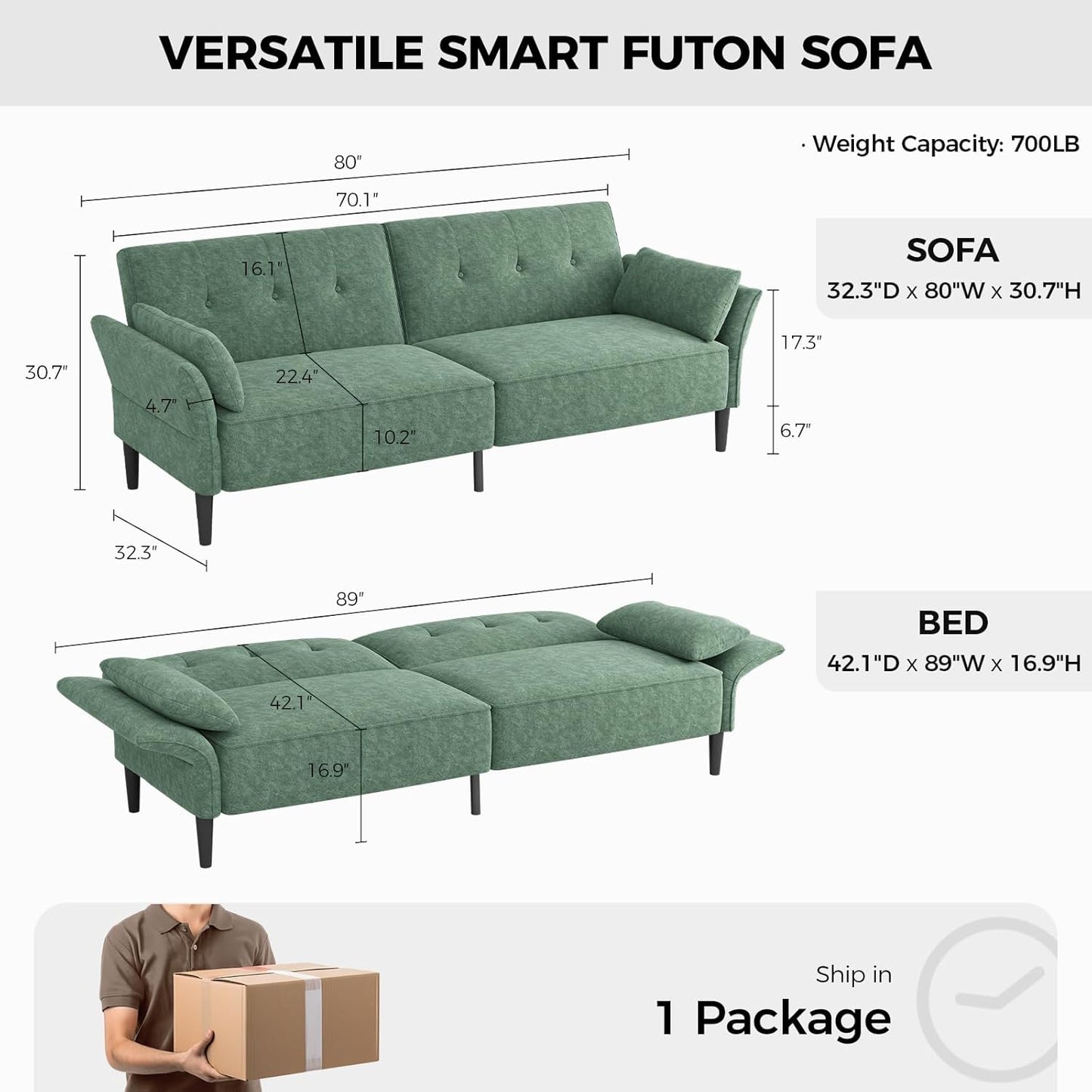 89” Futon Sofa Bed, Comfy Futon Couch Bed with 2 Square Pillows, Convertible Sleeper Sofa with Adjustable Backrest& Armrests, Modern Loveseat Sleeper for Living Room, Bedroom,Light Green