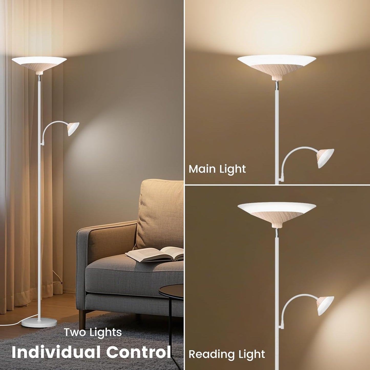 Torchiere Floor Lamp with Wood Grain Shade, 72" Dimmable LED Standing Lamp with Remote, 2-in-1 Floor Reading Lamp with Color Changing, 34W White Corner Lamp for Living Room Bedroom Office