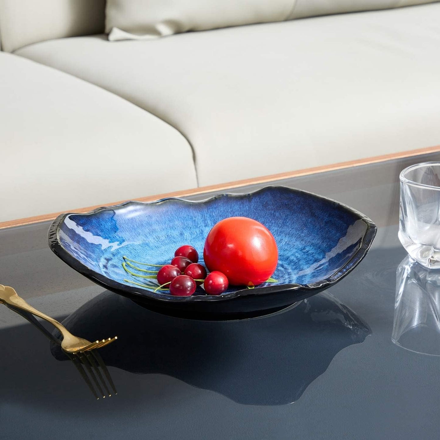 Ceramic Decorative Dish, Large Blue Pottery Decorative Bowl, Porcelain Centerpiece Tray, Key Bowl, Gift Decor Tray for Tabletop Entryway Table Living Room Dining(12'' Dish)