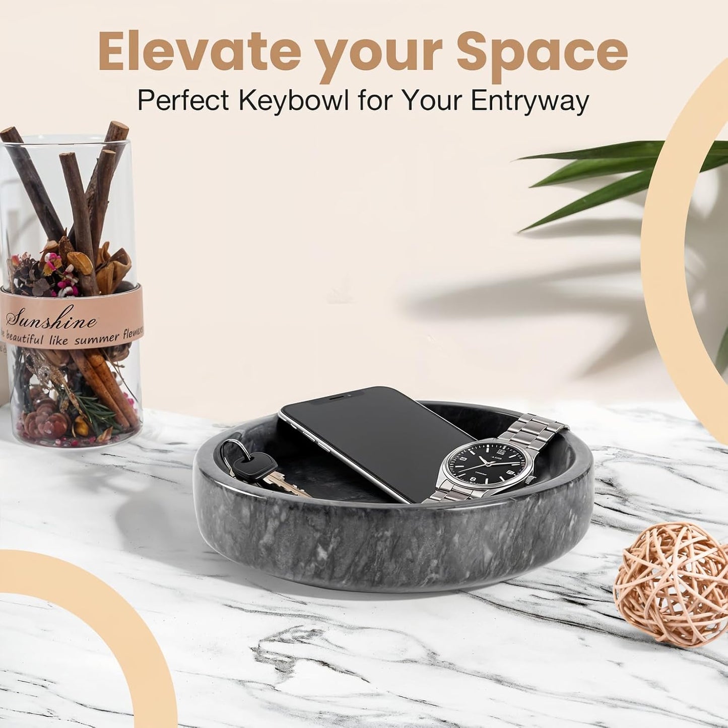 Marble Decorative Bowl - 7.5" Natural Black Solid Marble Centerpiece - Handmade Stone Fruit Bowl - Catch-All or Key Bowl for Kitchen - Modern Minimalist Decor