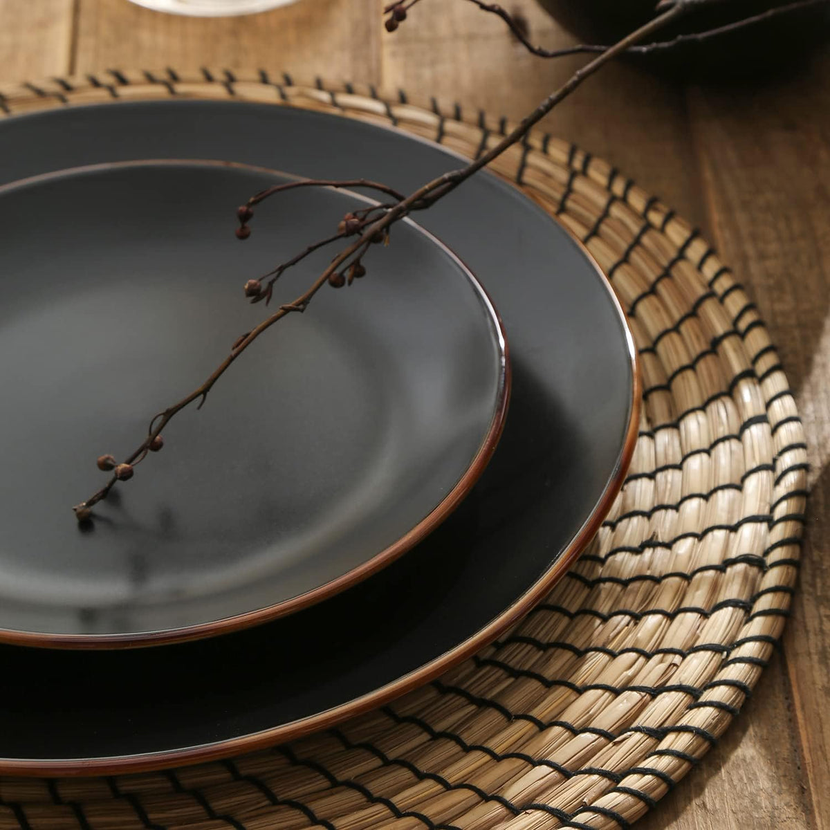 Stone Lain Brasa Stoneware 32 Piece Dinnerware, Plates and Bowls Sets for 8, Black, Glossy Rustic-Chic Design, Microwave & Dishwasher Safe