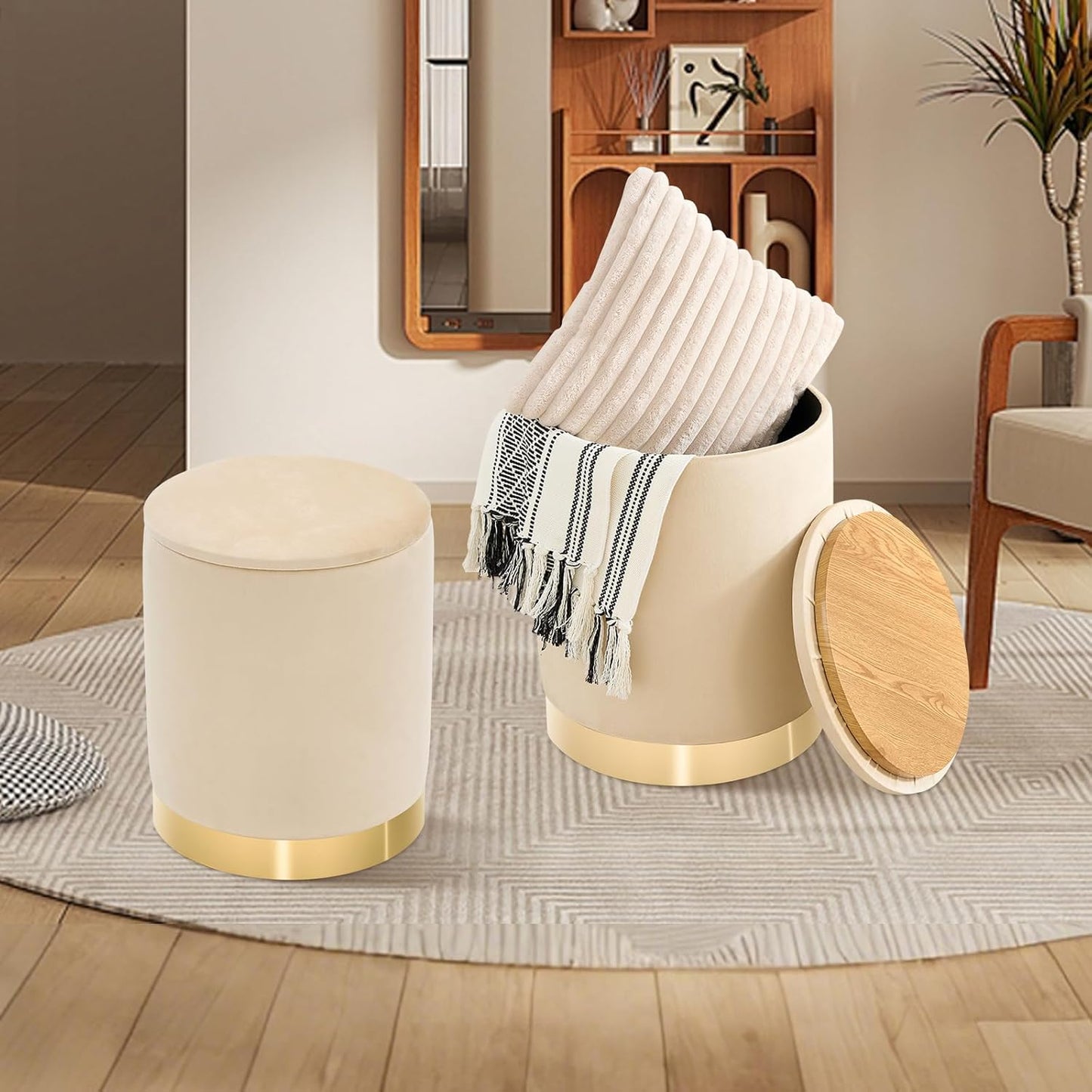 Round Ottoman with Storage Set of 2, Upholstered Velvet Storage Ottomans, Vanity Stool, Multifunctional Ottomans, Coffee Table Foot Rest Ottoman for Living Room Bedroom, Khaki