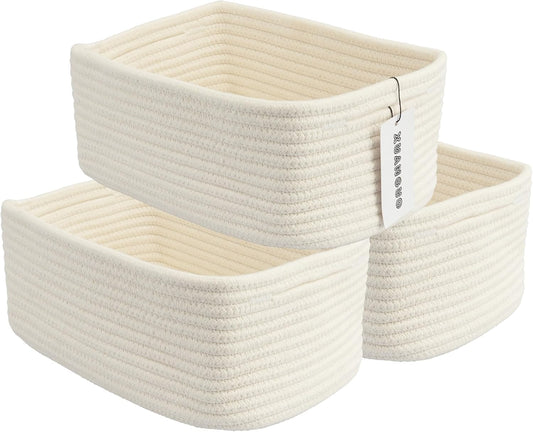 Small Woven Storage Baskets 12“X8”X5“ Decorative Rope Bins for Organizing Shelves, Closets, and Toys, Empty Gift Baskets, Cute Organizer Basket for Home and Office (white, regular)