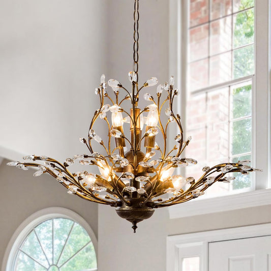 Vintage Farmhouse Chandelier 8-Light Crystal Branch Pendant Lights for Living Room Dining Room Porch Kitchen Island Bedroom Restaurant, Aged Bronze