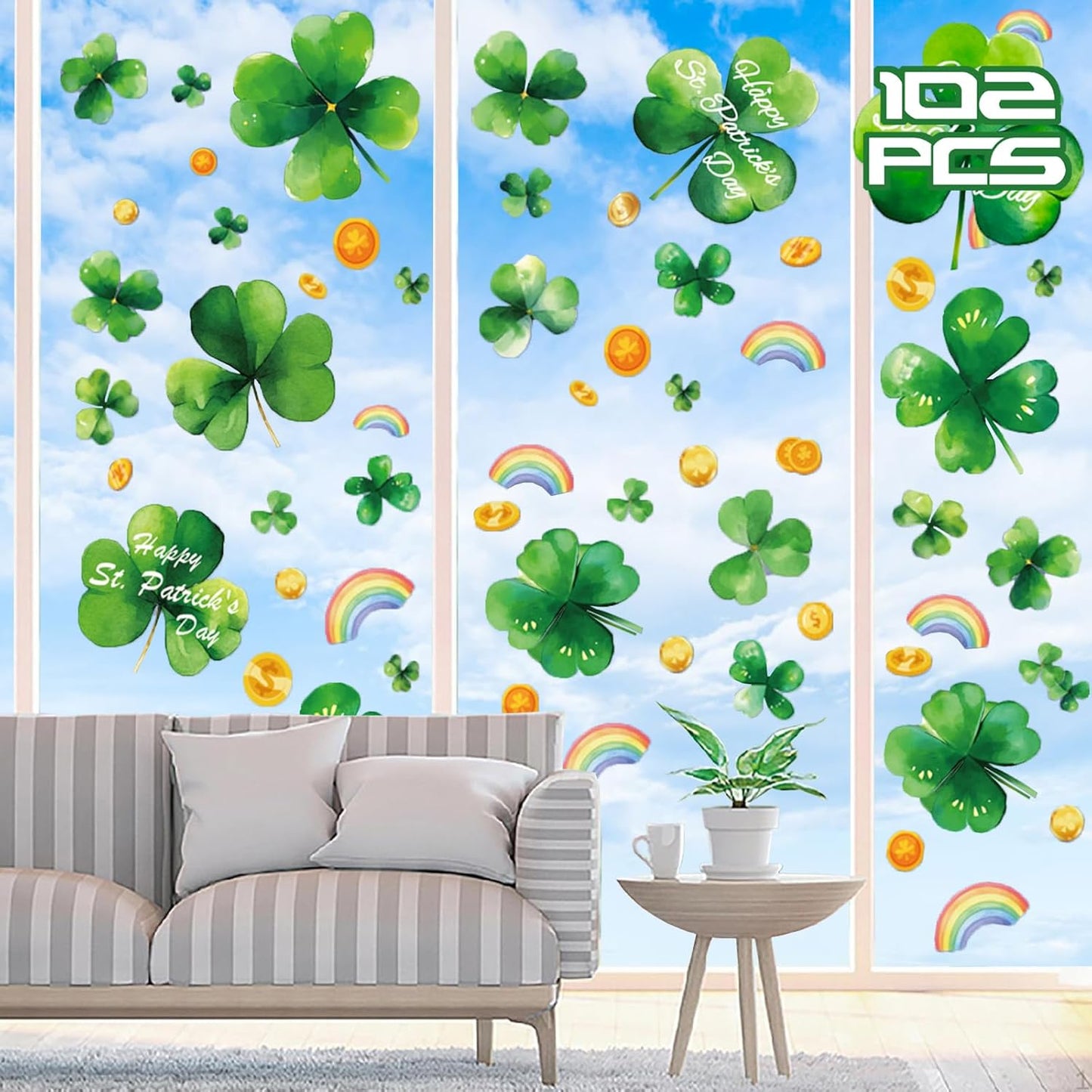 8 Sheet St Patricks Day Window Clings Shamrock Window Decorations for Glass Windows, Irish Saint Patricks Day Window Stickers for Kids Home School Office Spring Party Supplies
