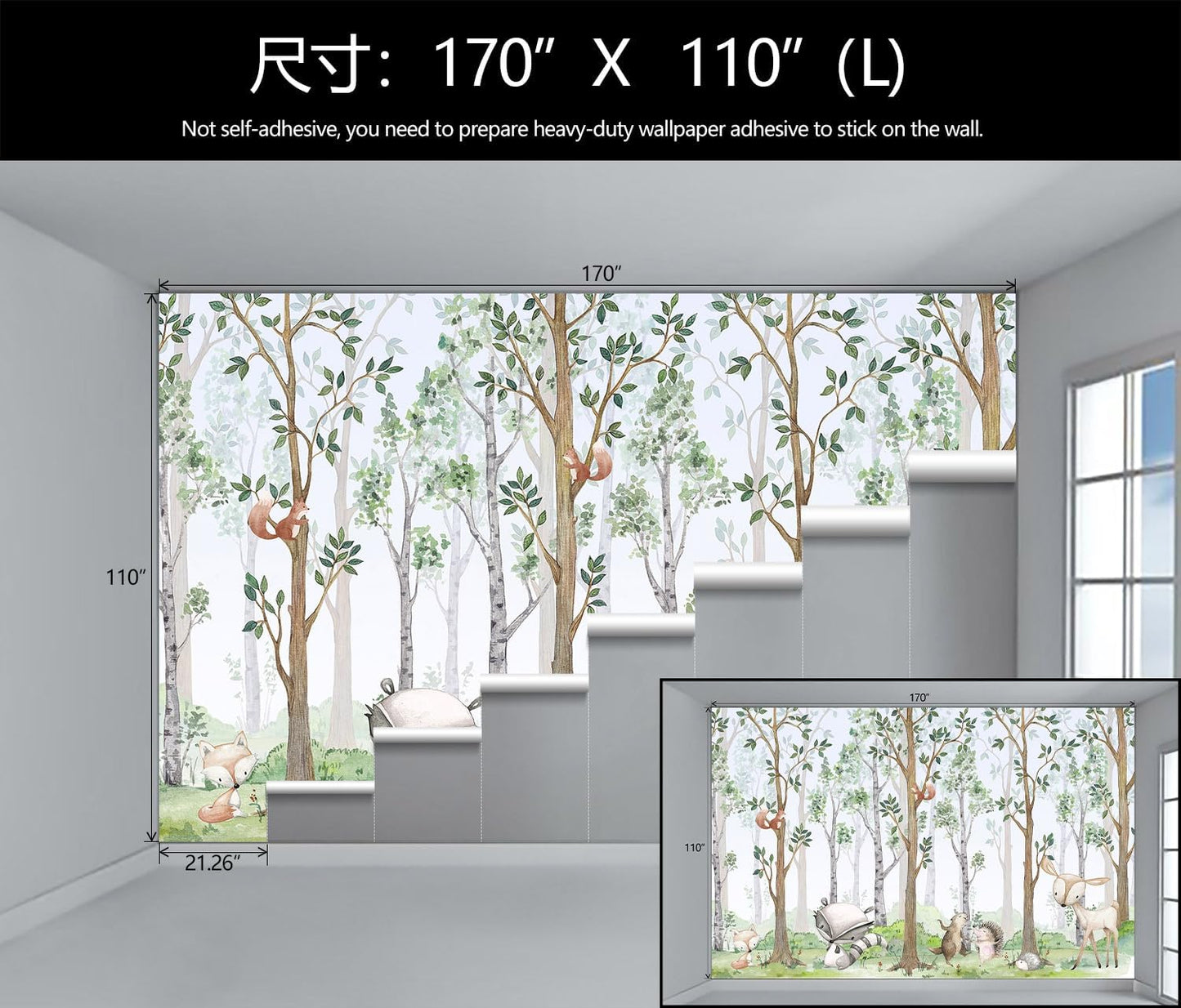 WFBHUA-Kids Wallpaper Watercolor Forest Cartoon Animals Wall Murals Suitable for Nursery Boys Girls Bedroom Room (Not Peel and Stick)