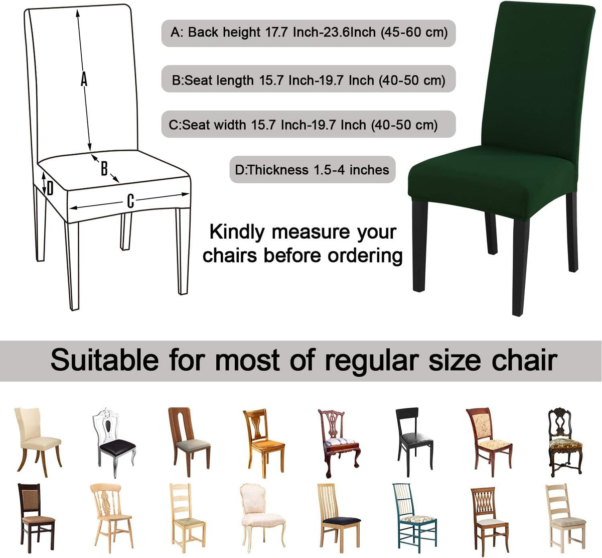 JQinHome Chair Covers for Dining Chairs, High Stretch Removable Washable Chair Protector Cover Set of 2, Chair Slipcovers for Dining Room, Kitchen,Home Party,Wedding Ceremony(Hunter Green, 2PC)