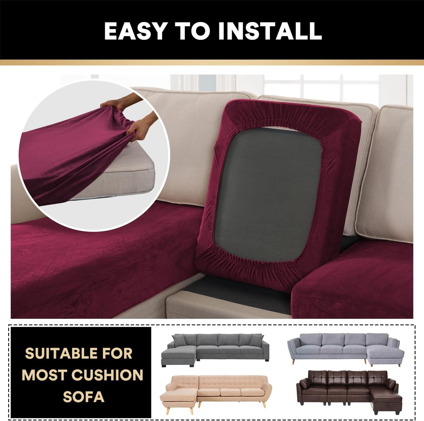 PrinceDeco Velvet Couch Covers - 4 Piece Set for Sectional Sofa (3 Seater + 1 Chaise, Burgundy)